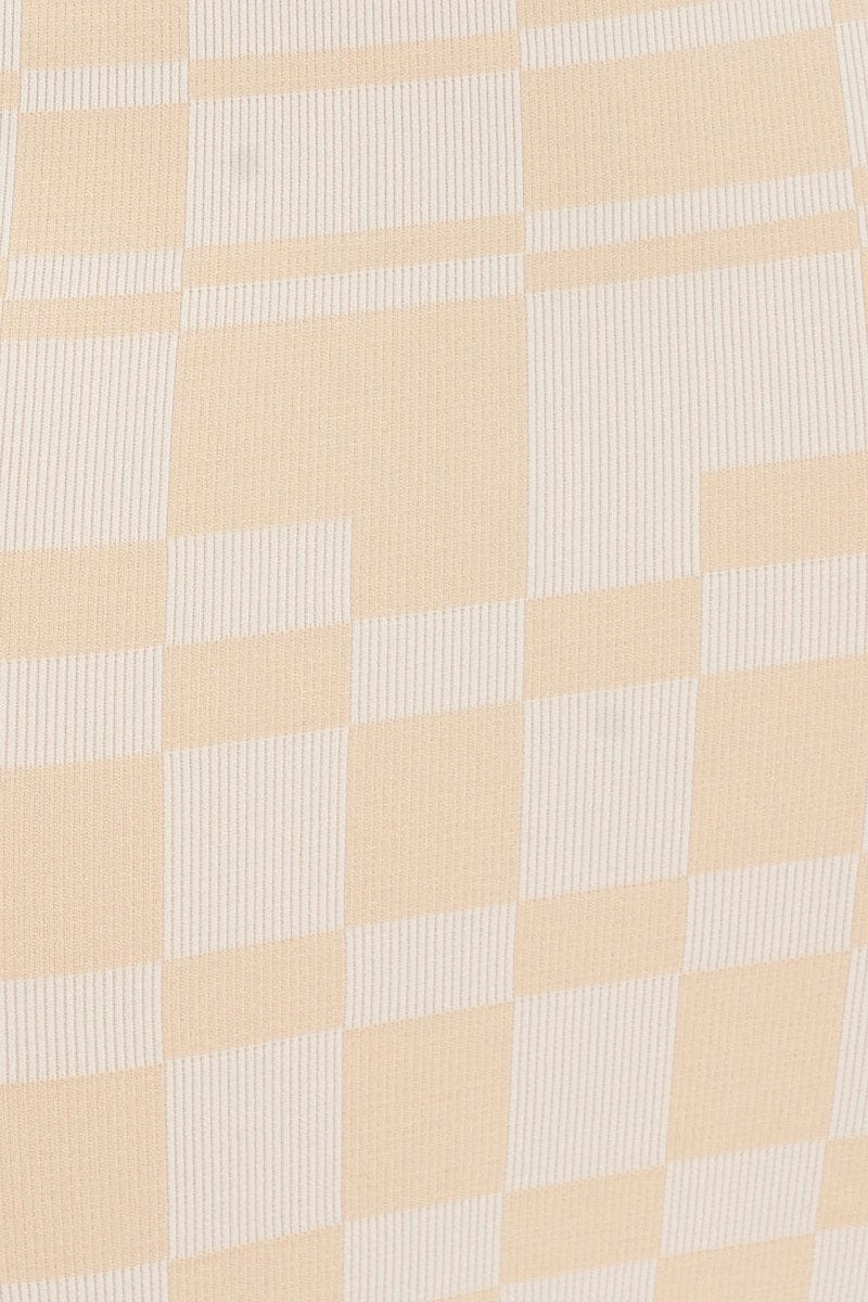 Beige Check Bodycon Dress Sleeveless Square Neck Seamless
