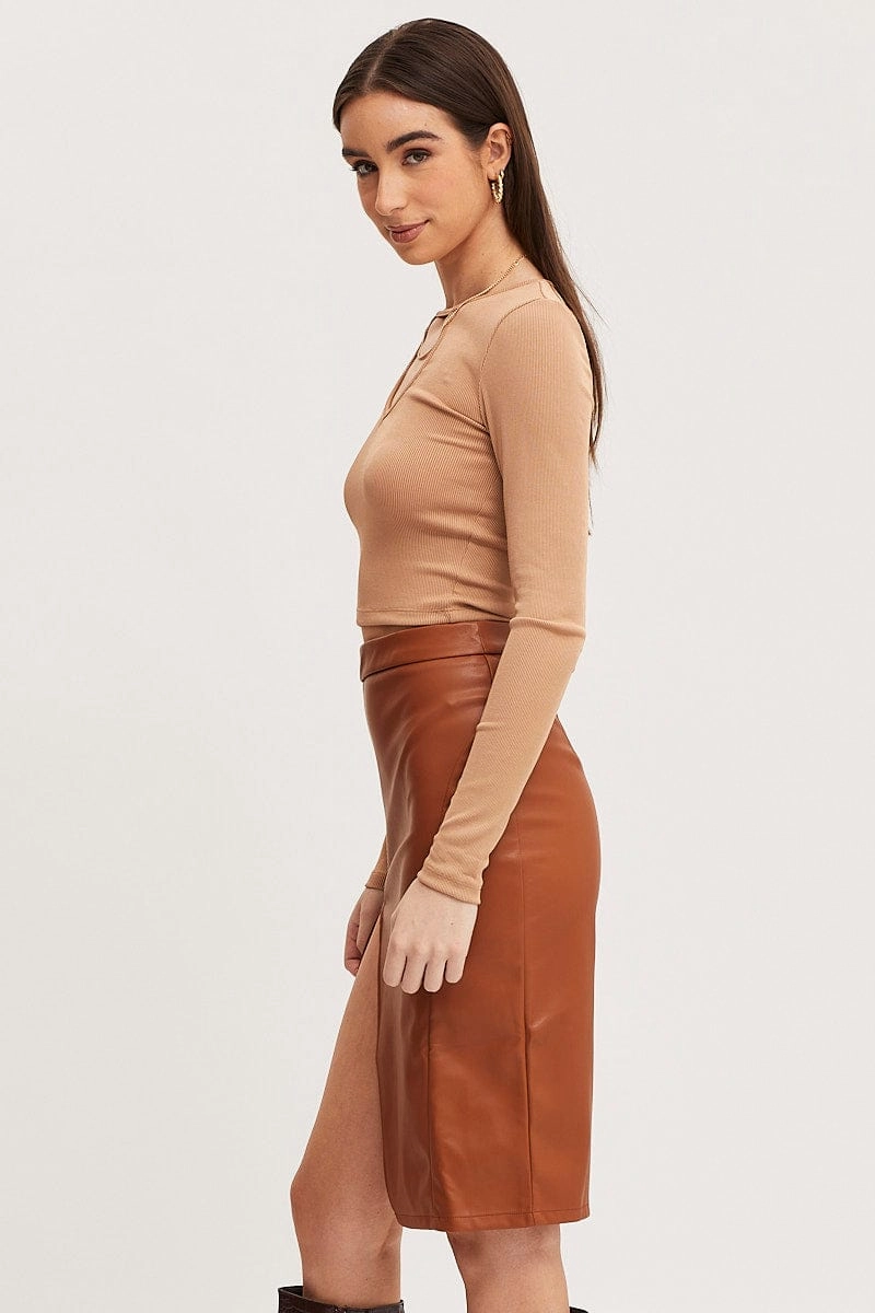 Beige High Rise Skirt Front Split Faux Leather