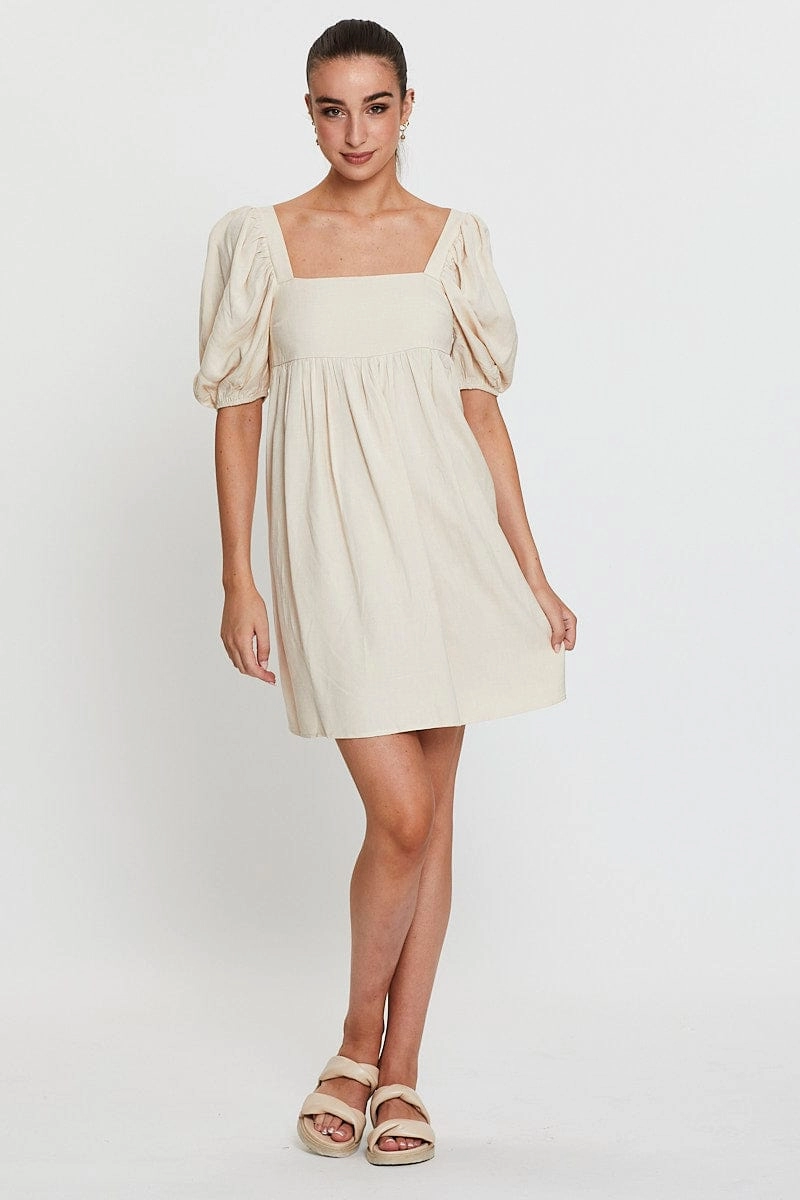 Beige Mini Dress Short Sleeve Square Neck