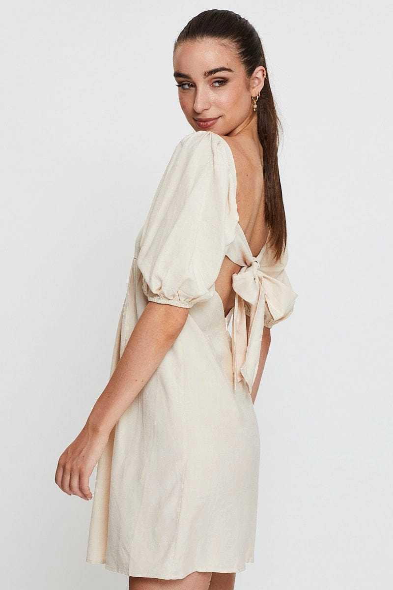 Beige Mini Dress Short Sleeve Square Neck