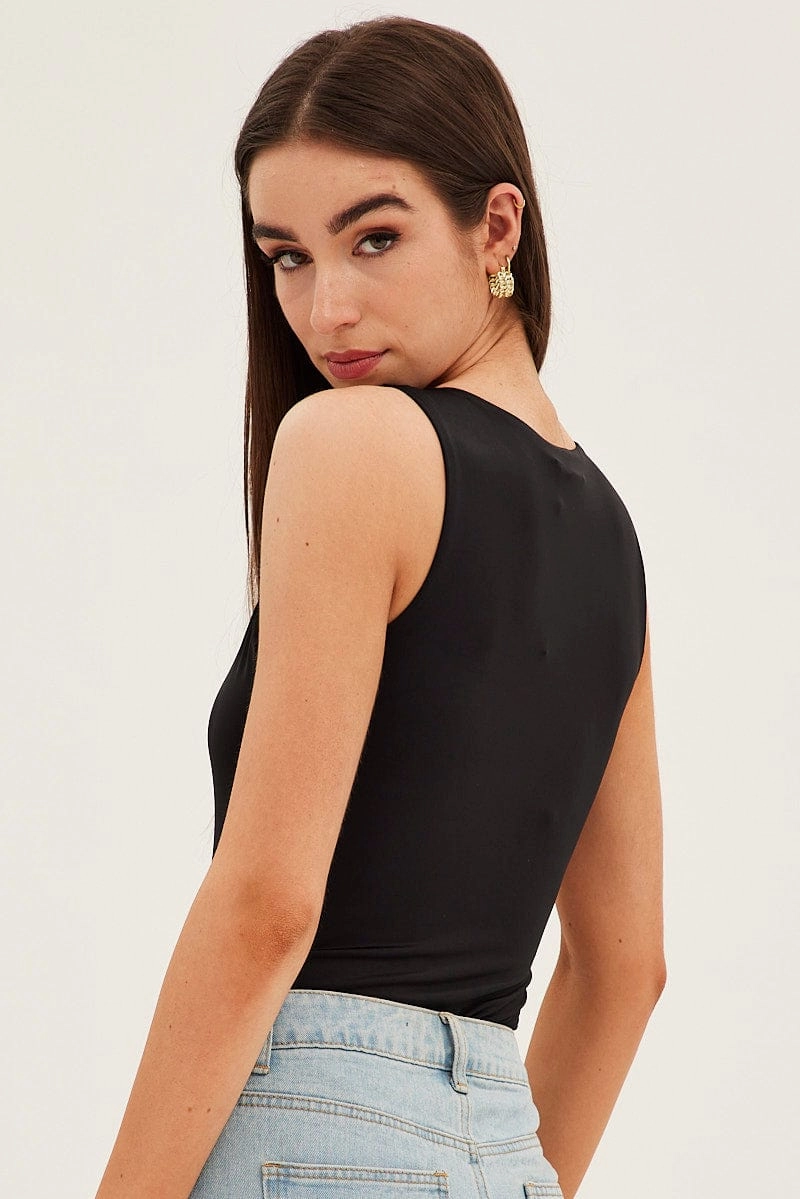 Black Bodysuit Sleeveless Notched Neck Chain-Link