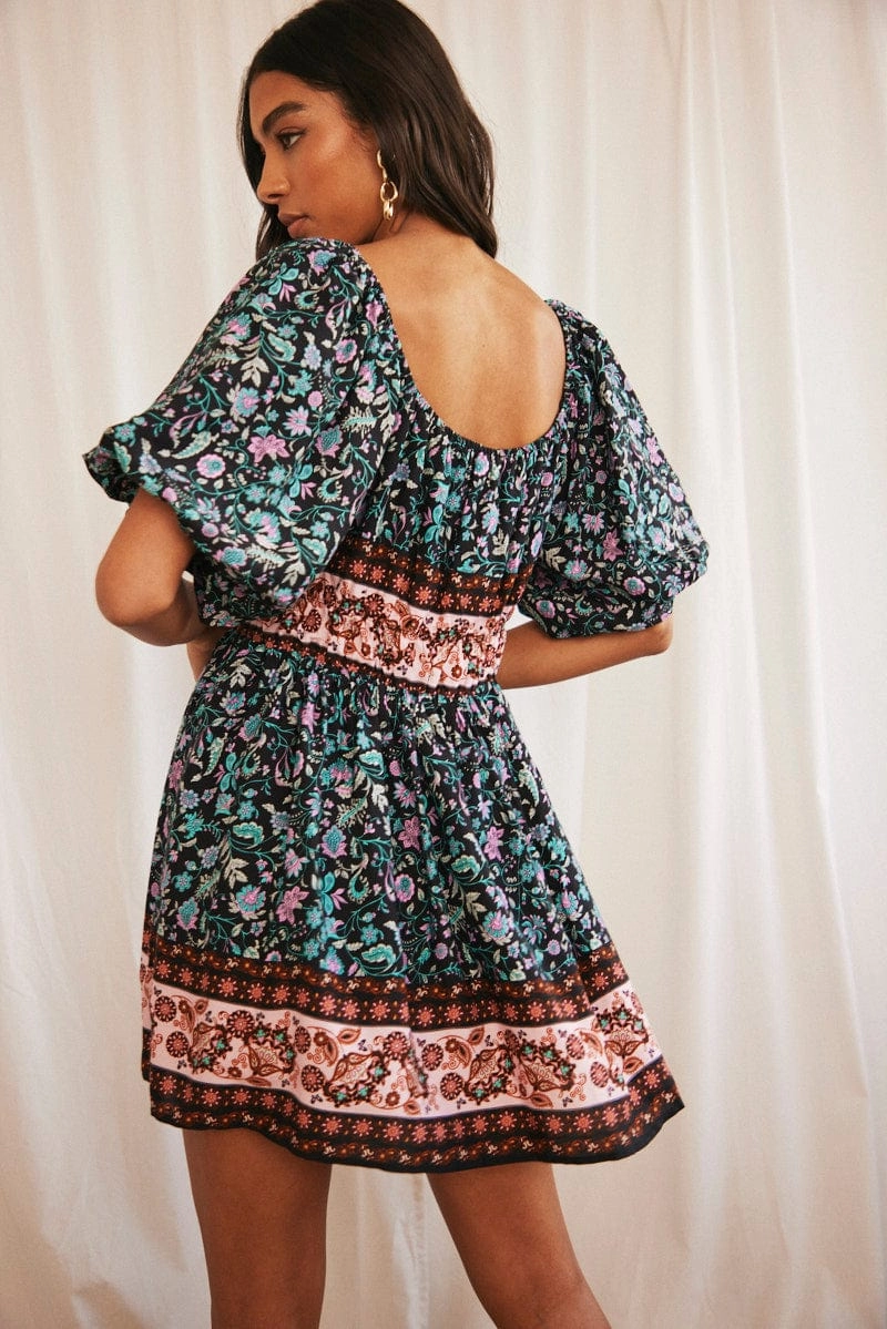 Black Boho Mini Dress Short Sleeve Off Shoulder Skater
