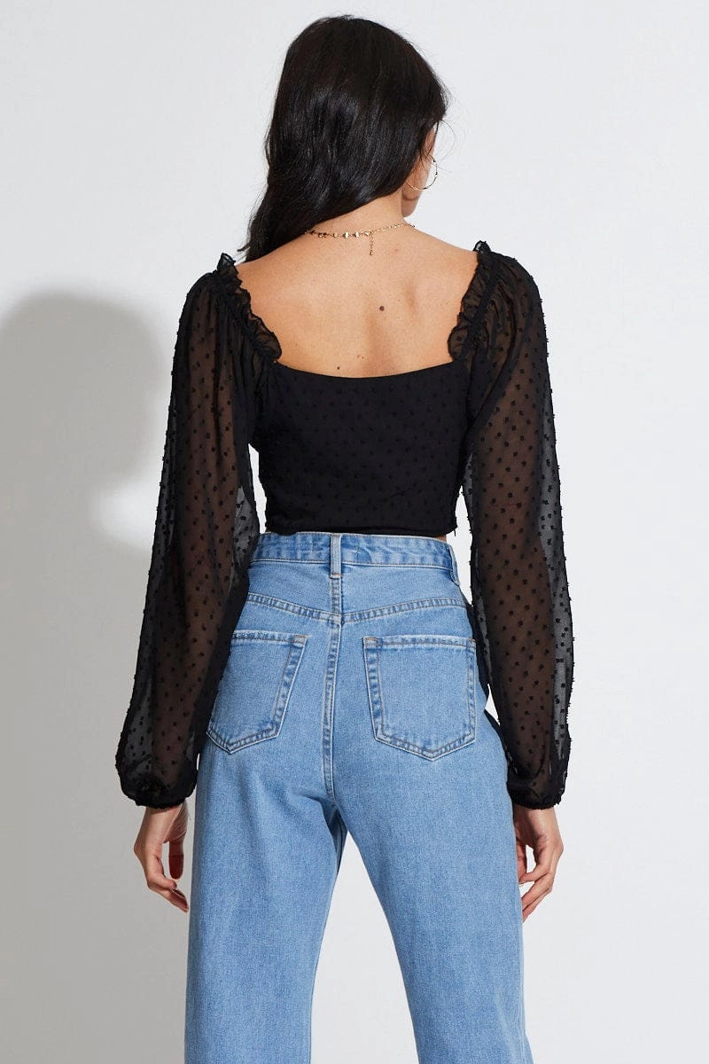 Black Crop Top Long Sleeve Square Neck