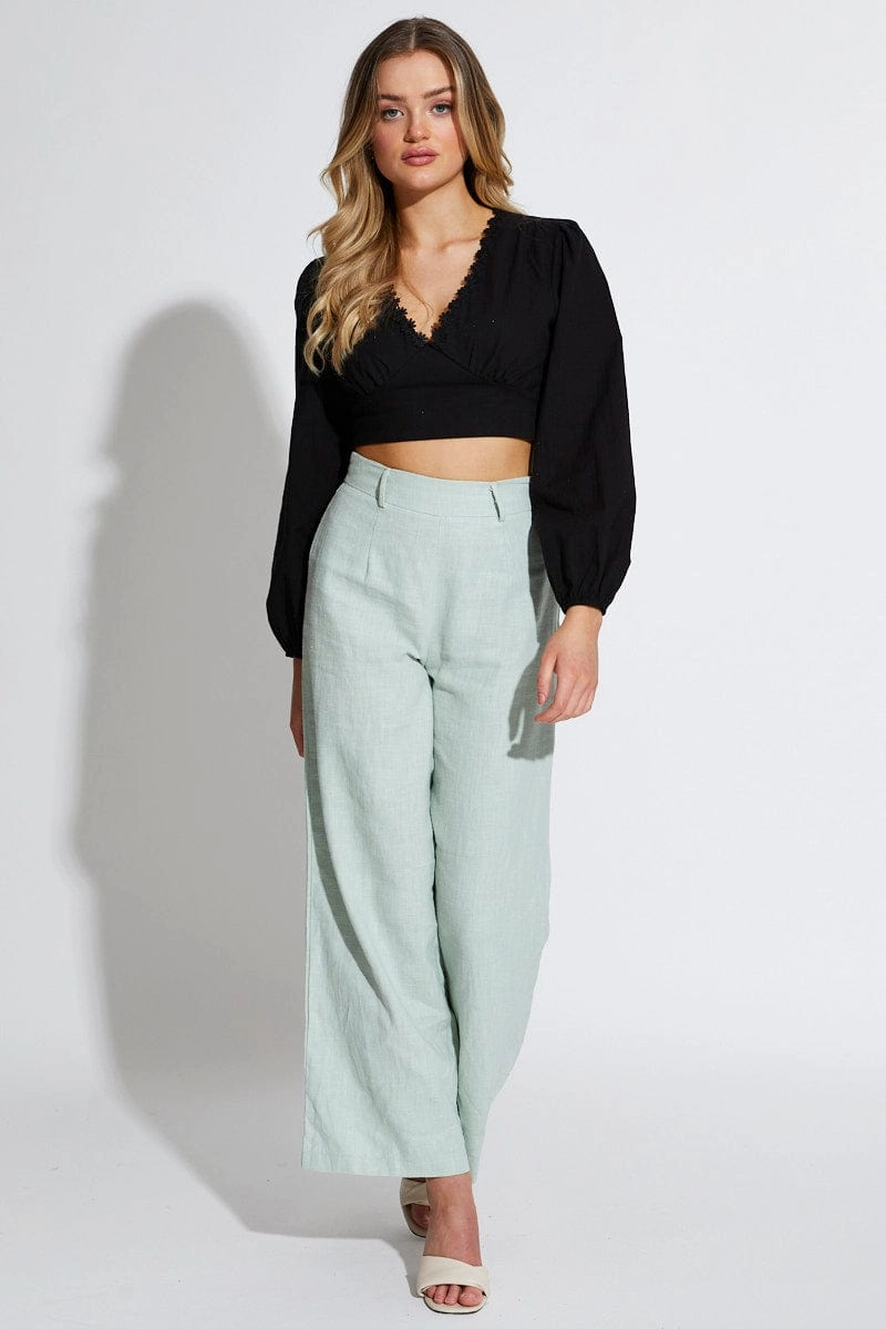 Black Crop Top Long Sleeve V-Neck