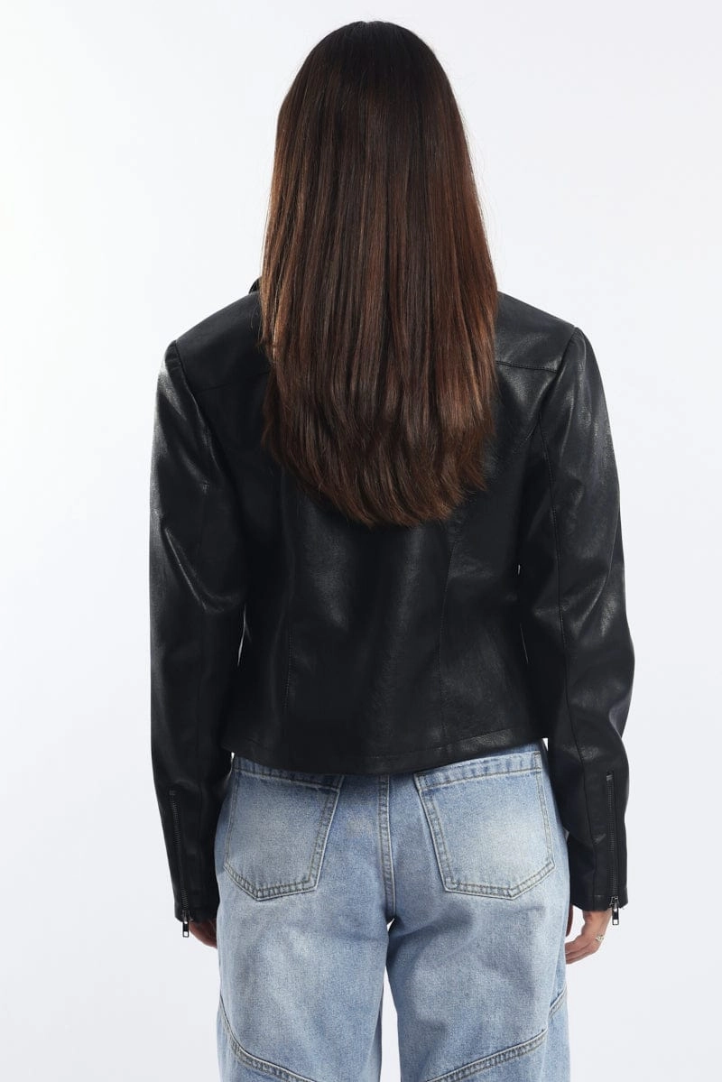 Black Faux Leather Jacket Long Sleeve