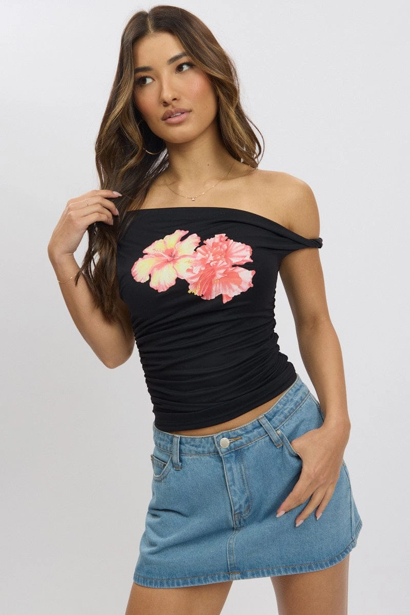 Black Graphic Top Twist off Shoulder Supersoft