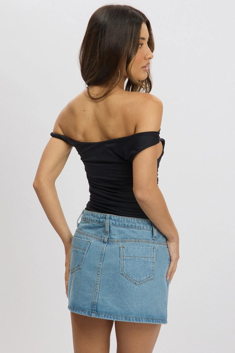 Black Graphic Top Twist off Shoulder Supersoft