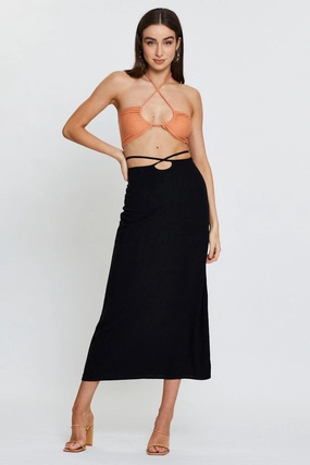 Black Linen Blend Wrap Tie Waist Maxi Skirt