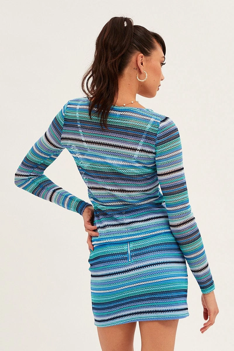Blue Stripe Mini Skirt Bodycon Mid Rise