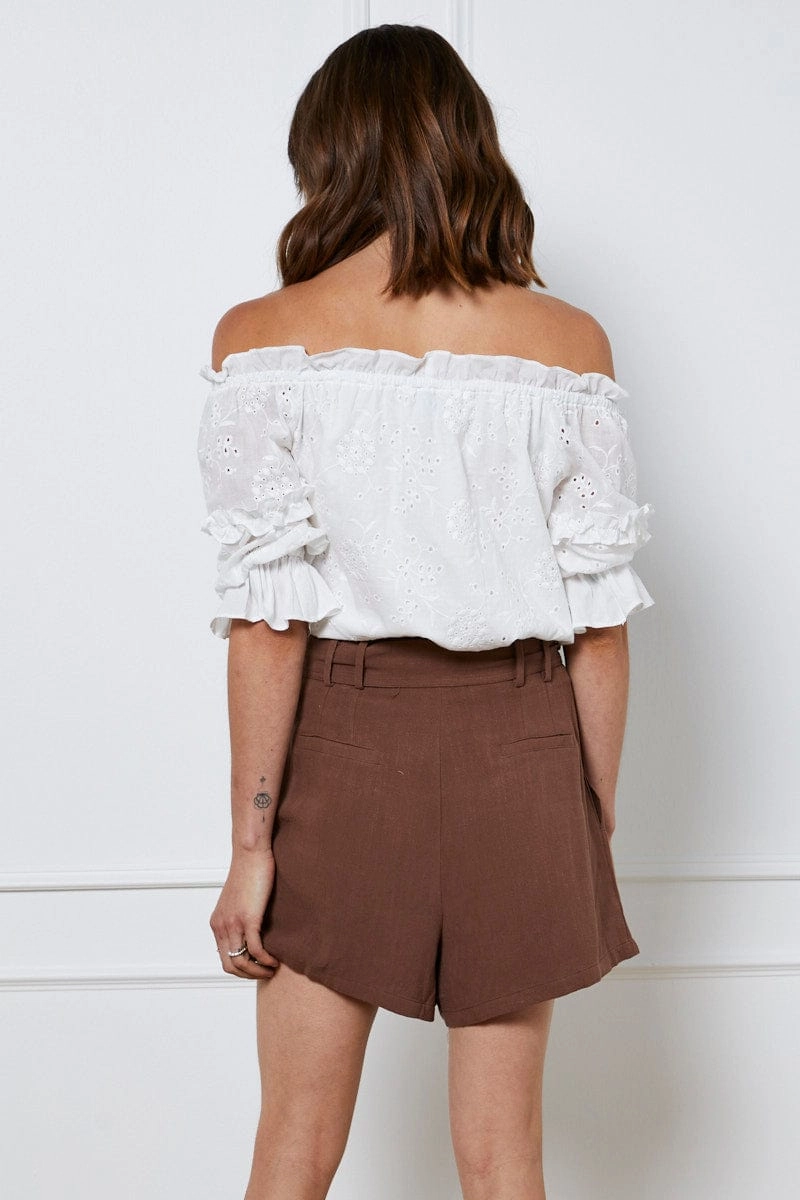 Brown Belted Shorts High Waist Linen