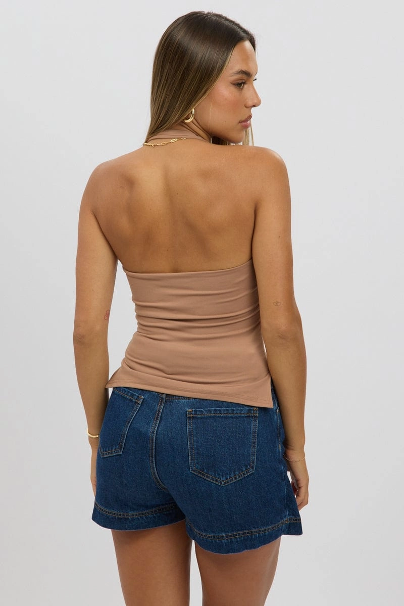 Brown Halter Neck Top Belted