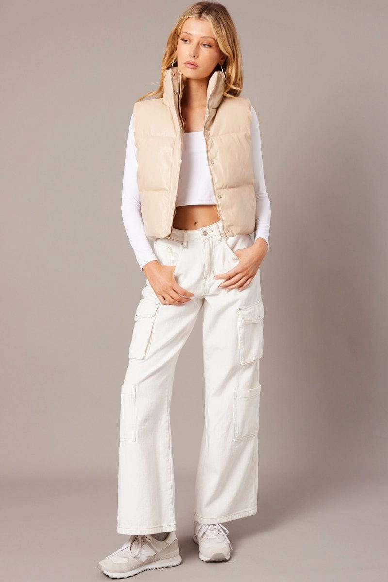 Camel Puffer Zip Sleeveless Faux Leather