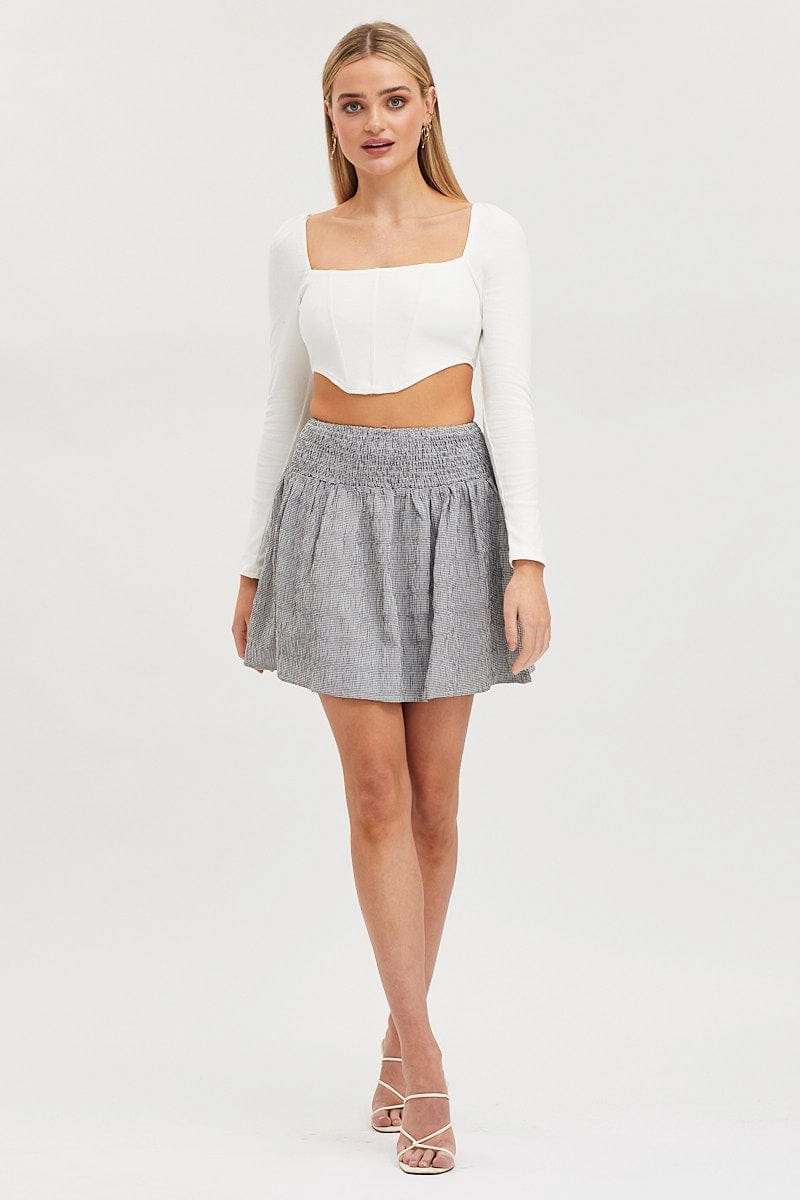Check Flare Skirt High Rise Shirred Waist