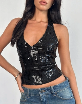 Cosio Halterneck Top in Mix Sequin Black