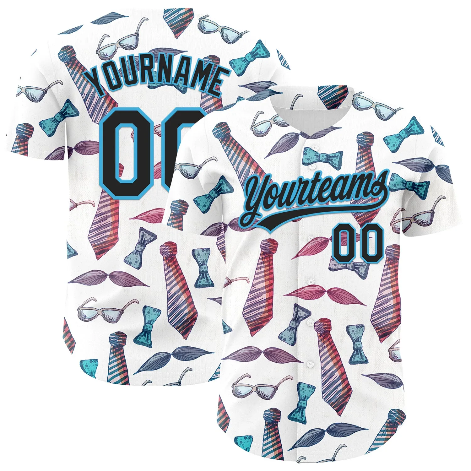 Custom White Black-Sky Blue 3D Pattern Design Father's Day Mustache And Tie Authentic Baseball Jersey