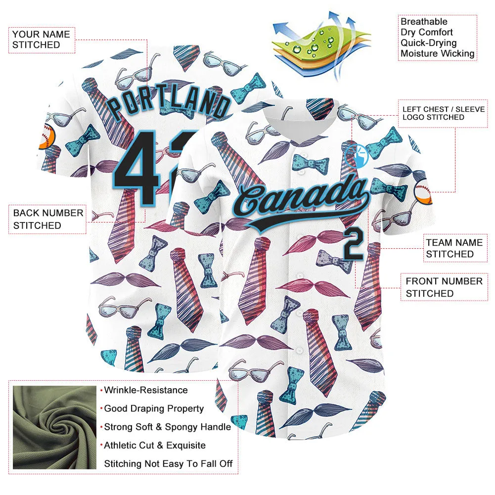 Custom White Black-Sky Blue 3D Pattern Design Father's Day Mustache And Tie Authentic Baseball Jersey
