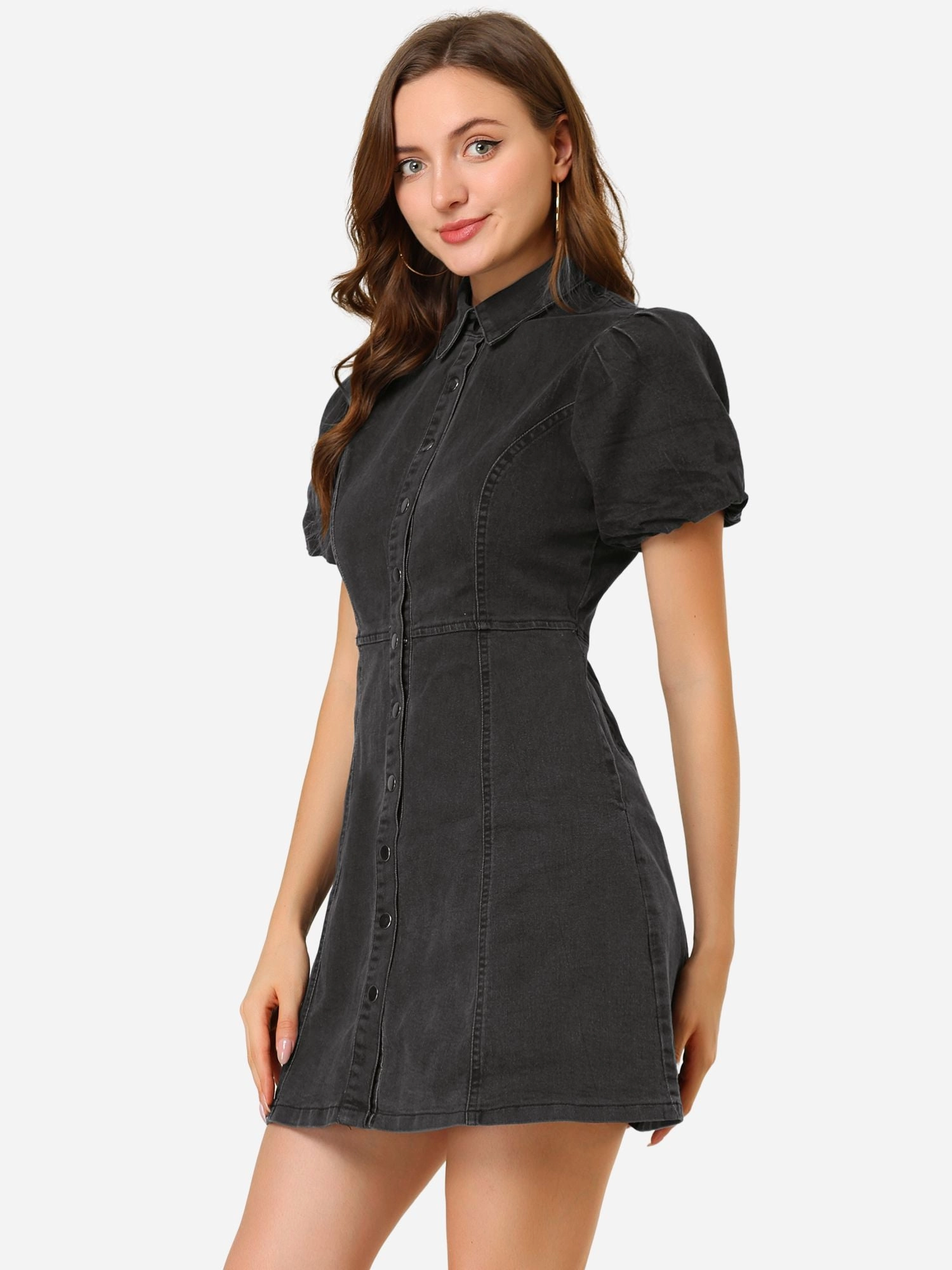 Denim Puff Short Sleeve Collared Button Down Mini Dress