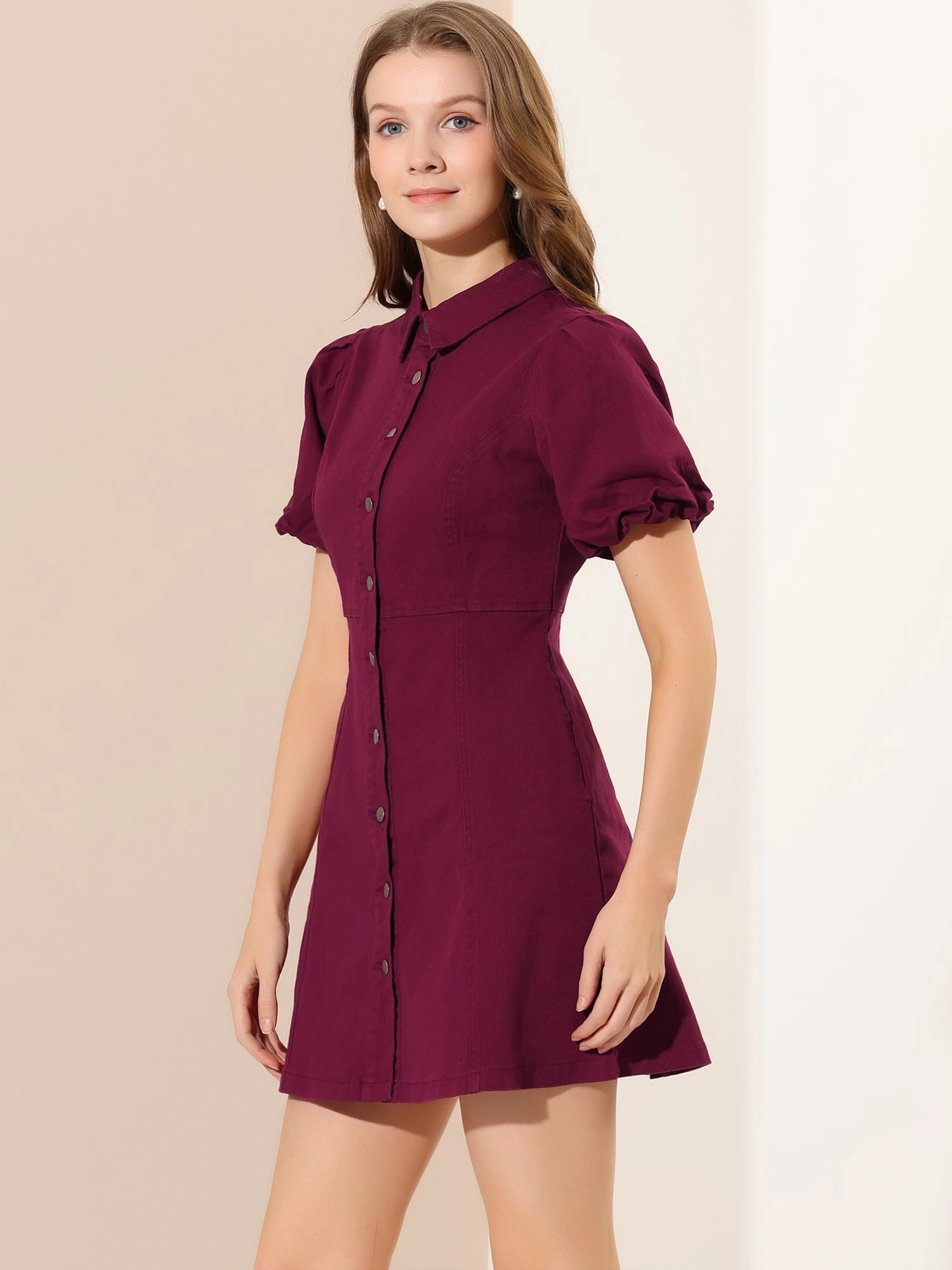 Denim Puff Short Sleeve Collared Button Down Mini Dress
