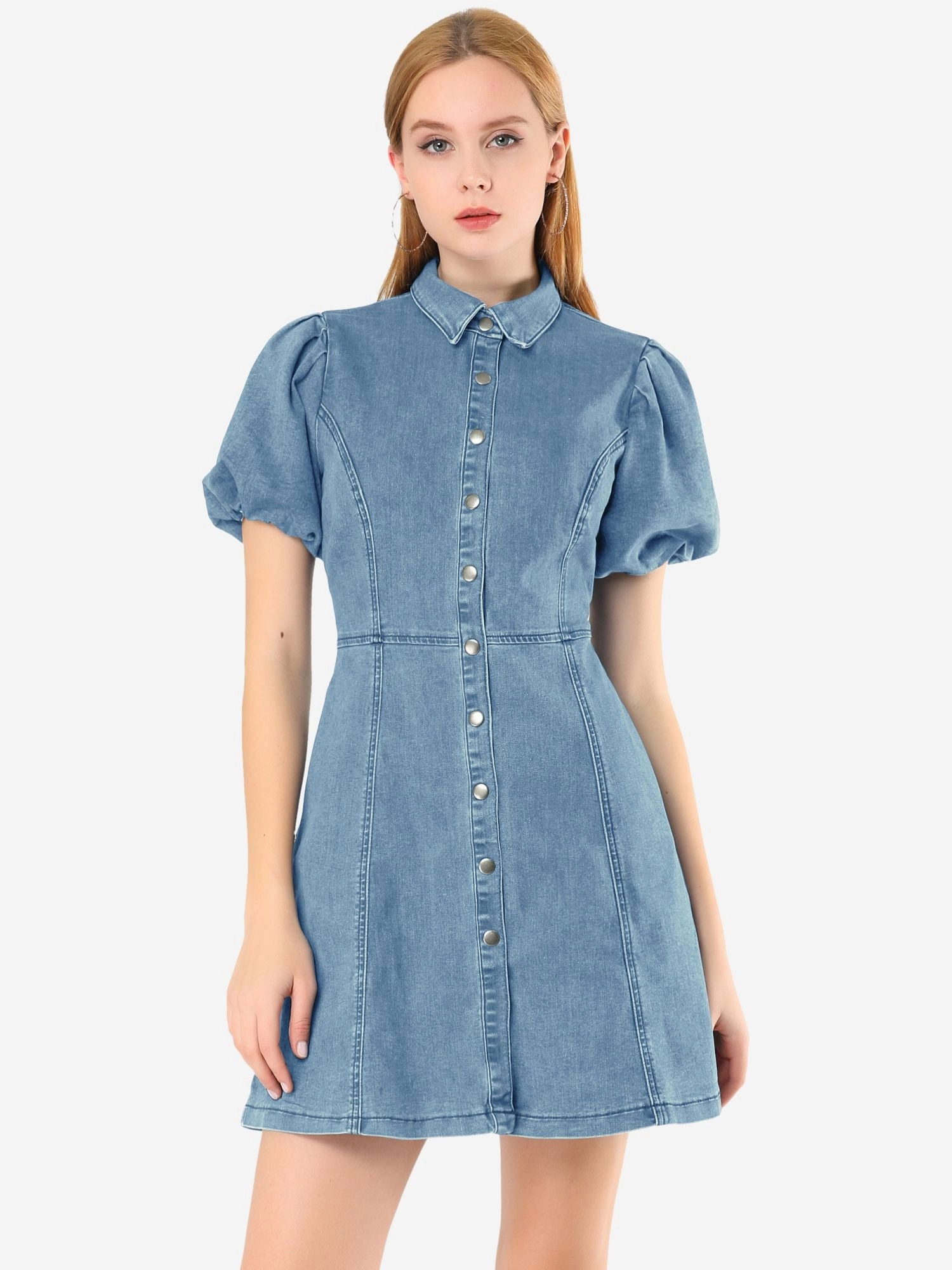 Denim Puff Short Sleeve Collared Button Down Mini Dress