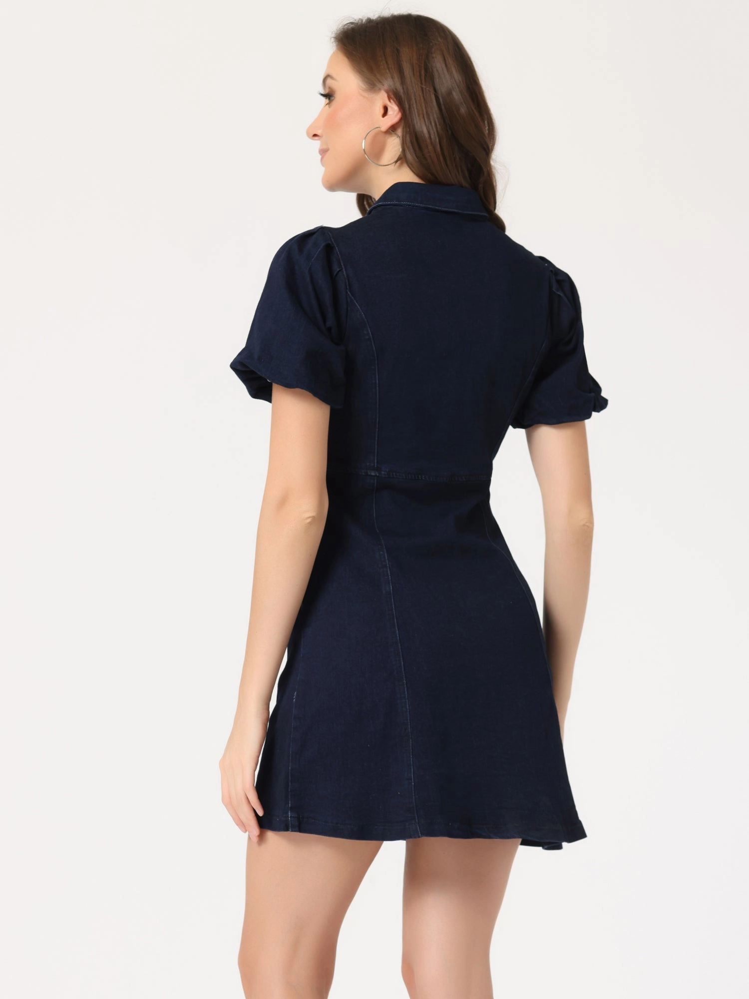 Denim Puff Short Sleeve Collared Button Down Mini Dress