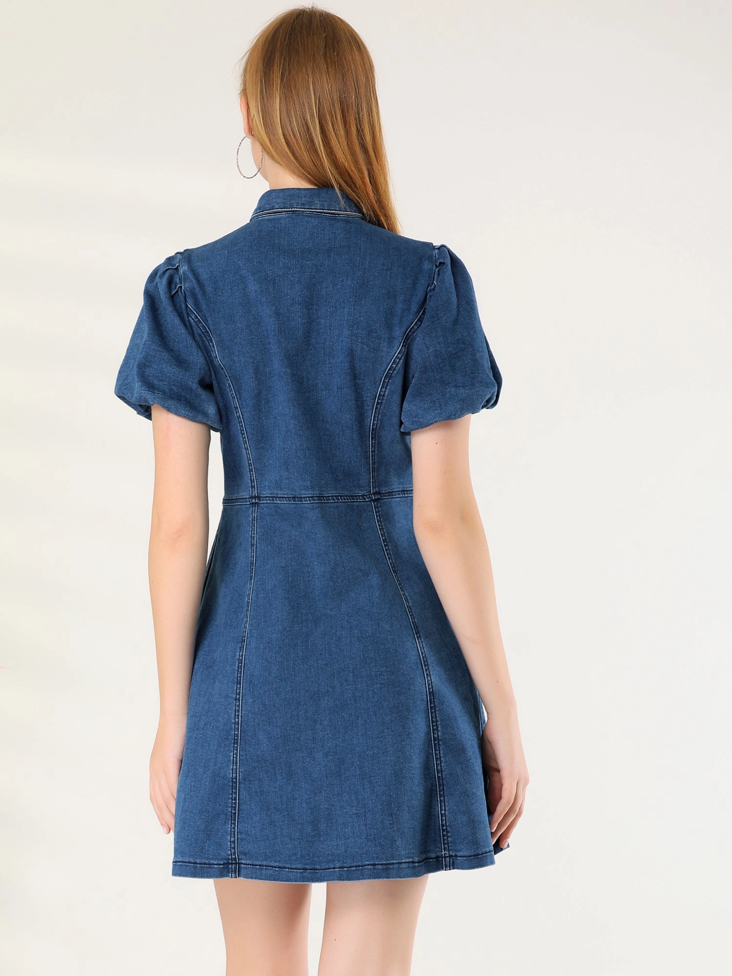 Denim Puff Short Sleeve Collared Button Down Mini Dress