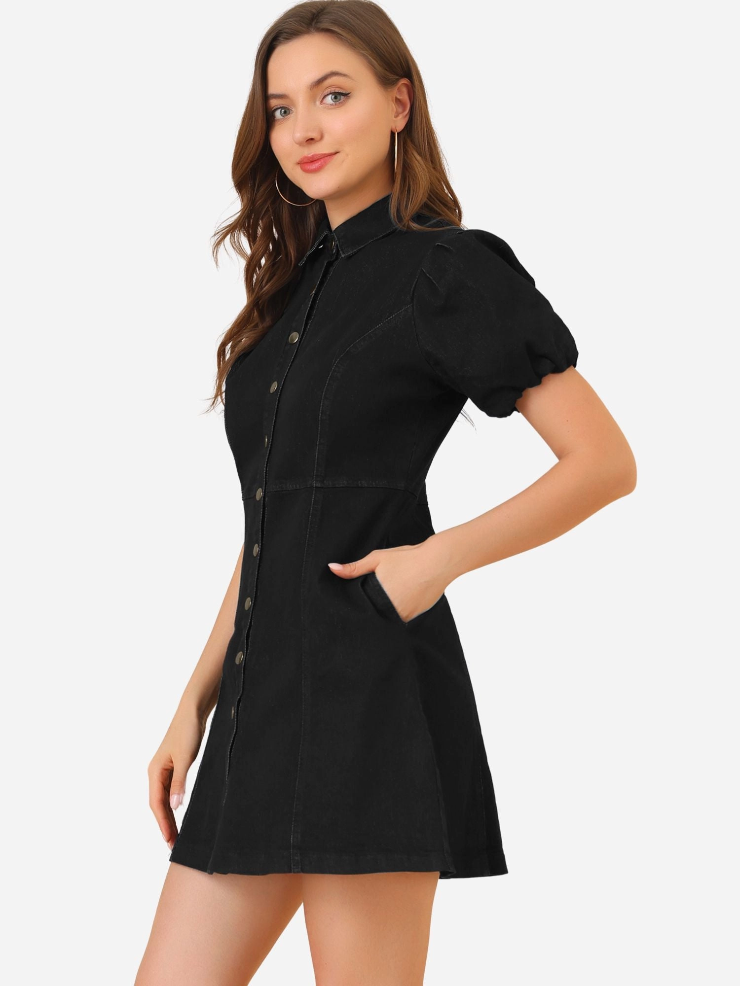 Denim Puff Short Sleeve Collared Button Down Mini Dress