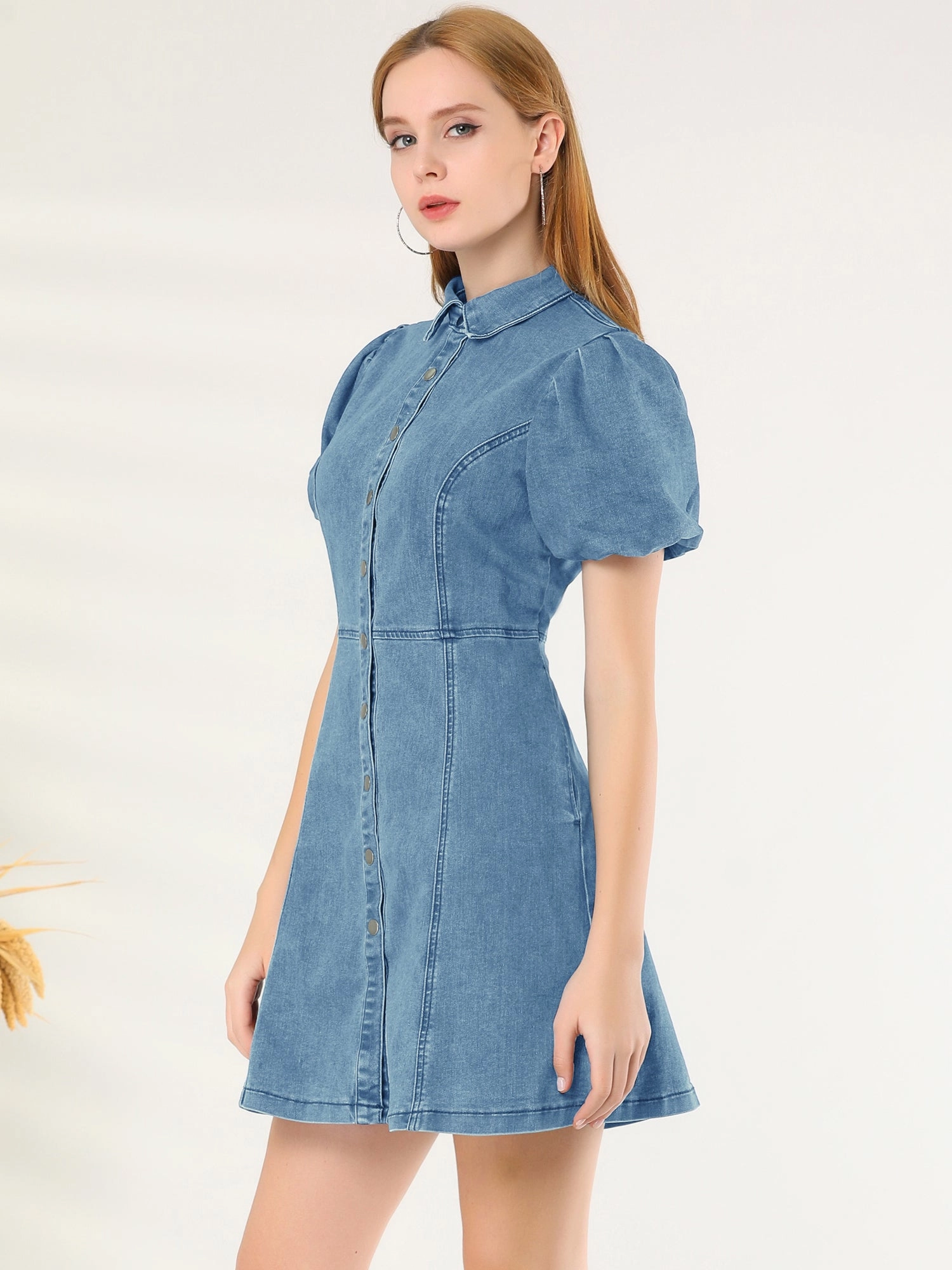 Denim Puff Short Sleeve Collared Button Down Mini Dress