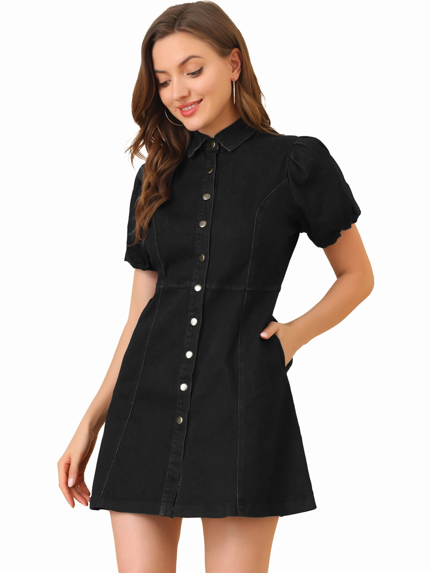 Denim Puff Short Sleeve Collared Button Down Mini Dress