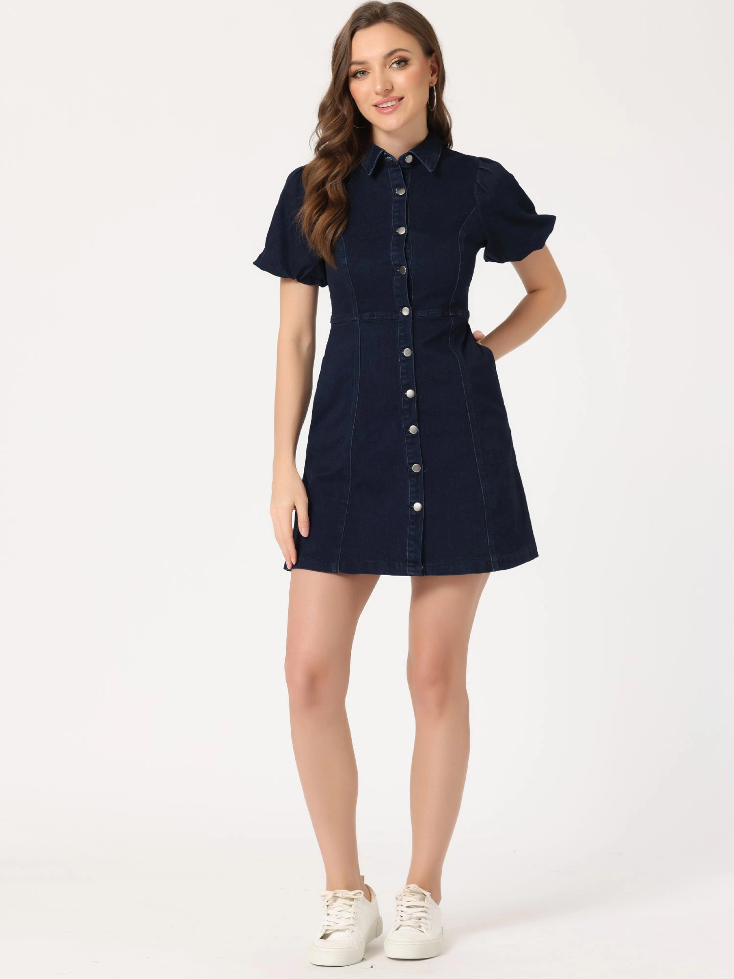 Denim Puff Short Sleeve Collared Button Down Mini Dress