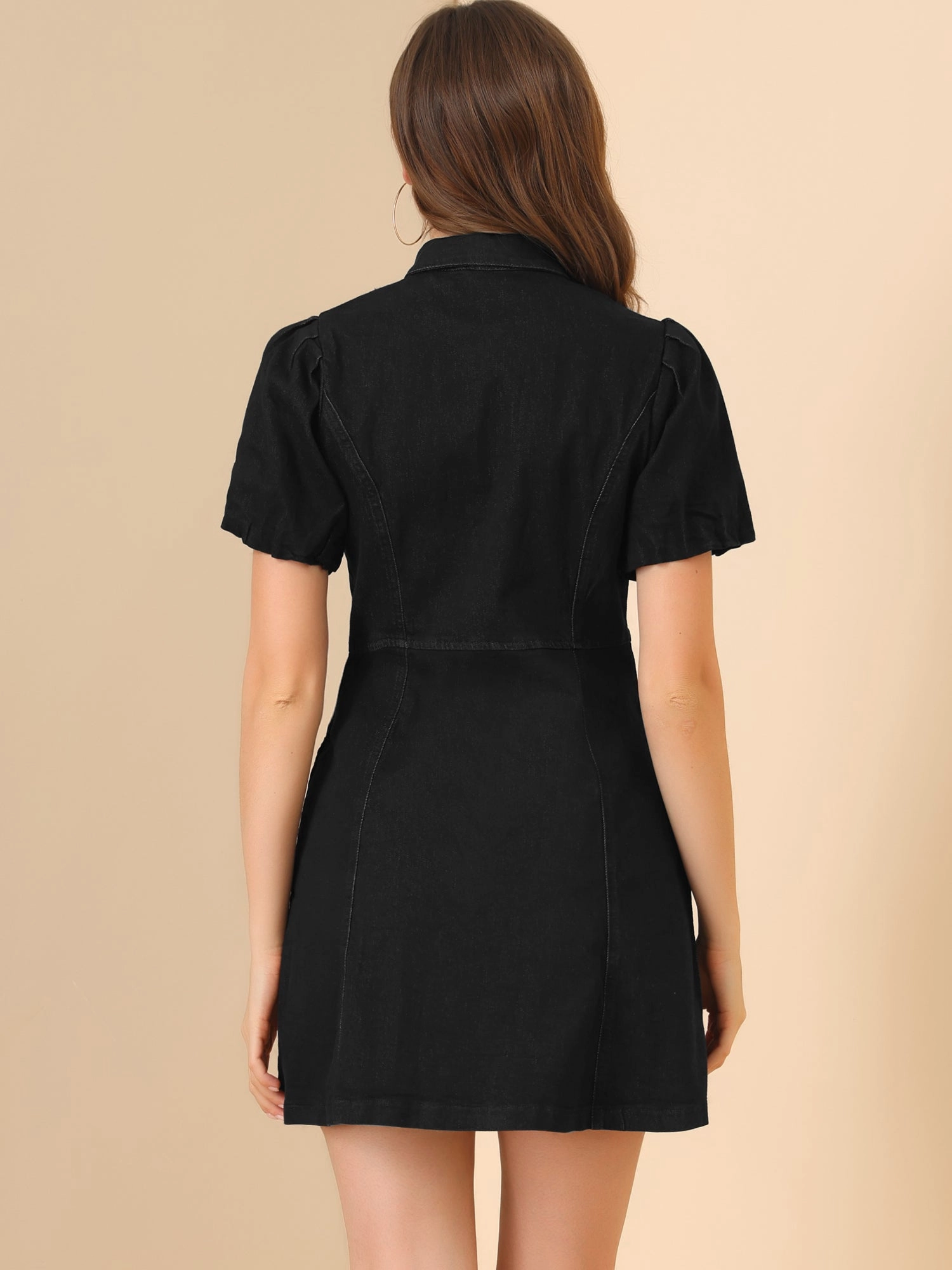 Denim Puff Short Sleeve Collared Button Down Mini Dress