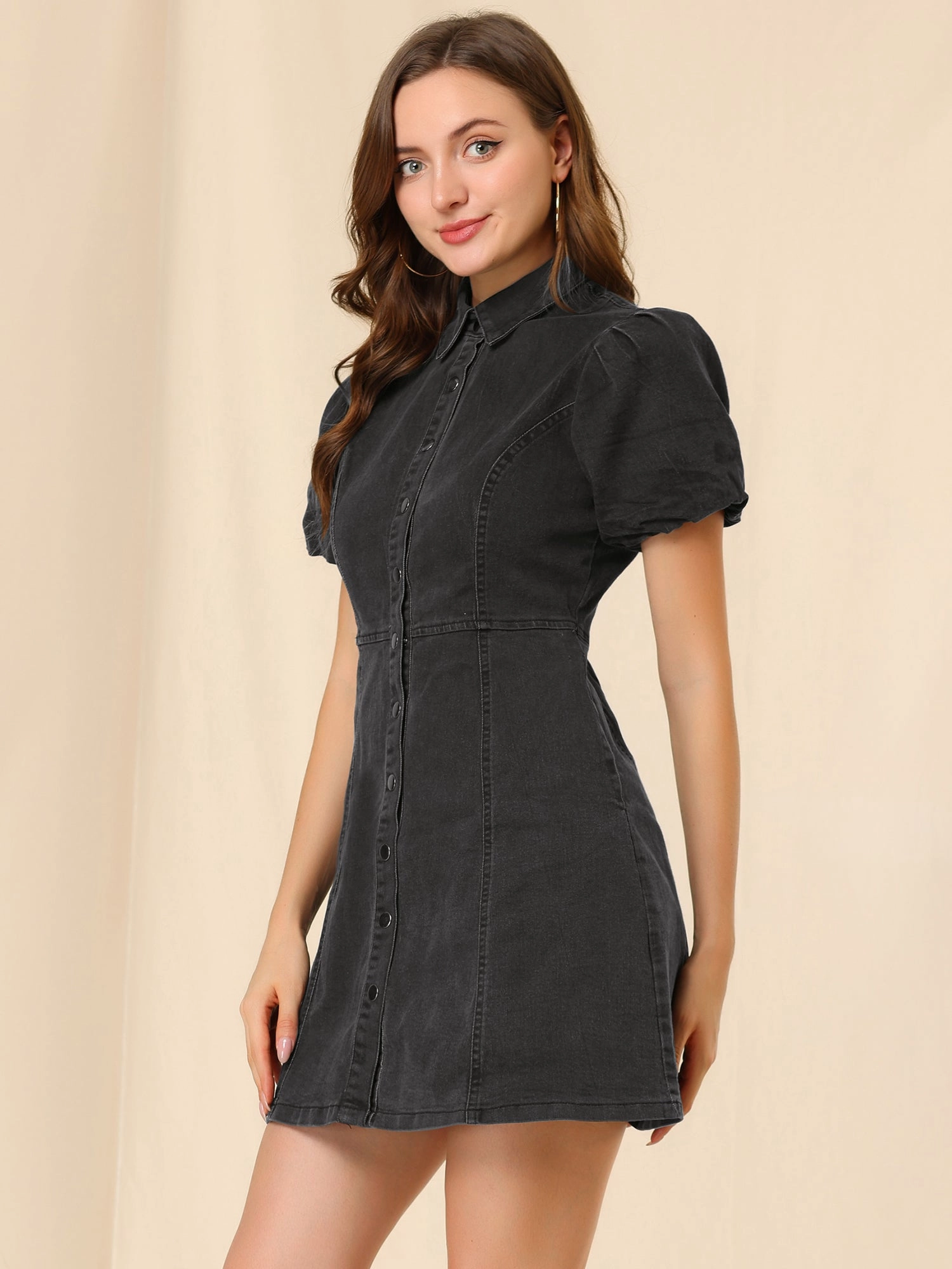 Denim Puff Short Sleeve Collared Button Down Mini Dress