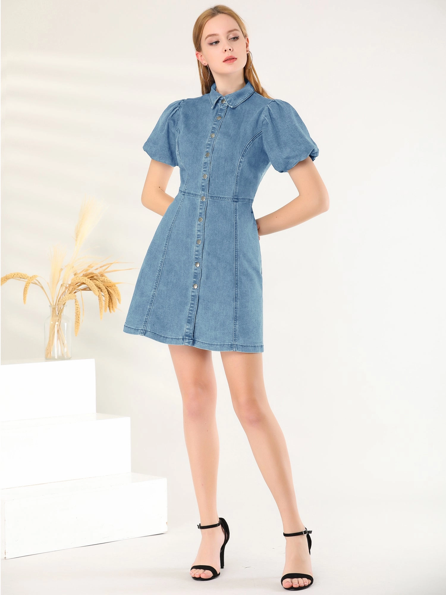 Denim Puff Short Sleeve Collared Button Down Mini Dress