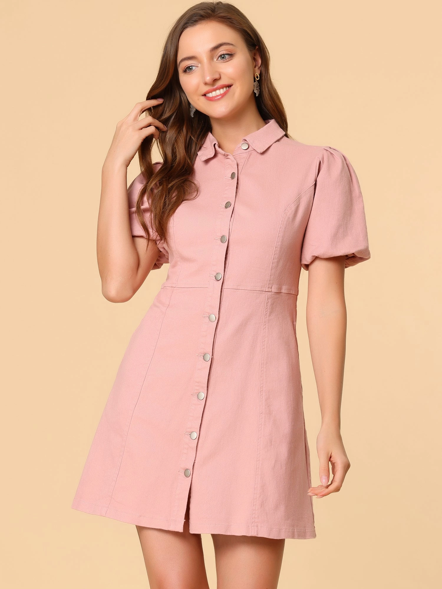 Denim Puff Short Sleeve Collared Button Down Mini Dress