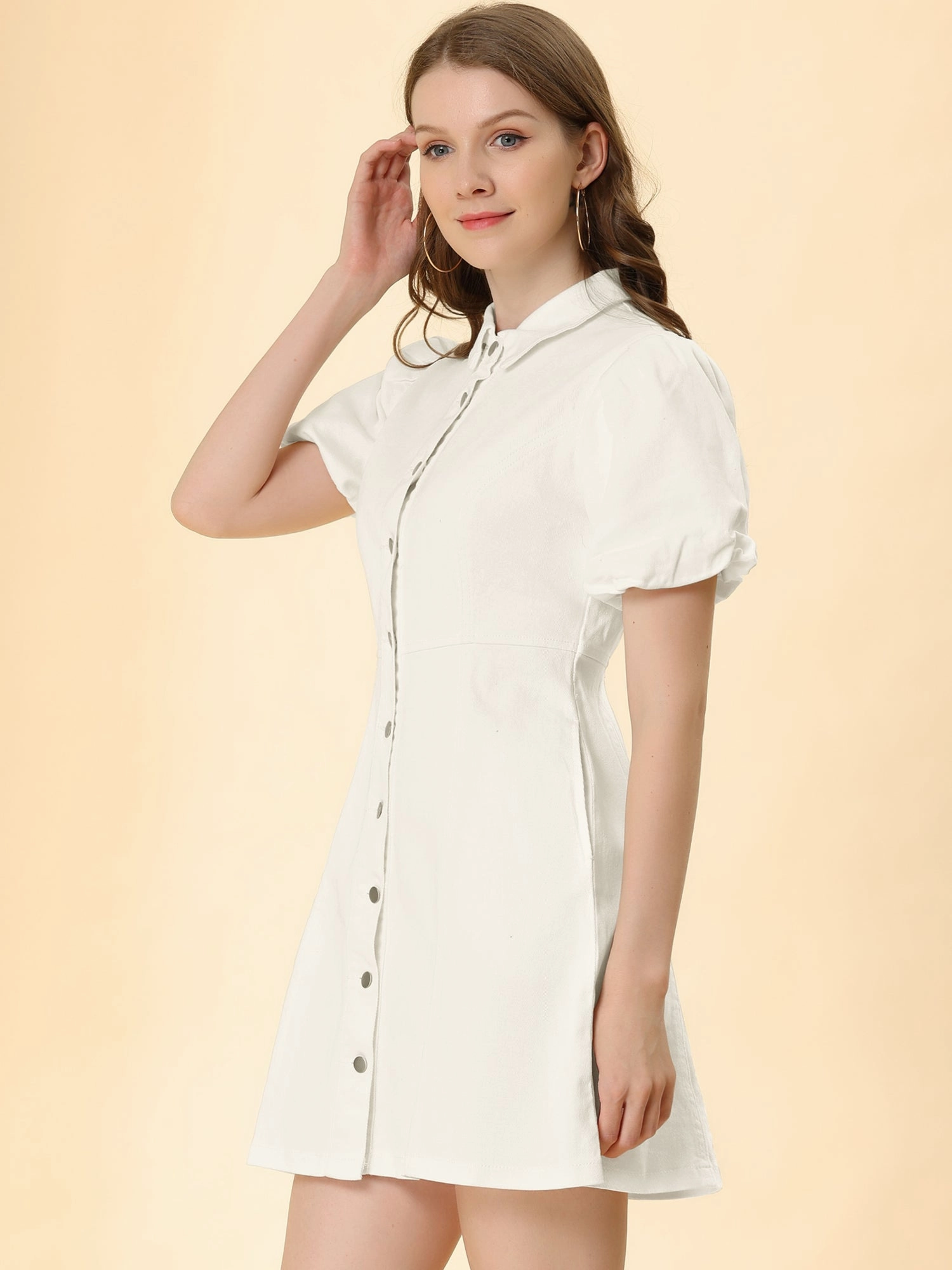 Denim Puff Short Sleeve Collared Button Down Mini Dress