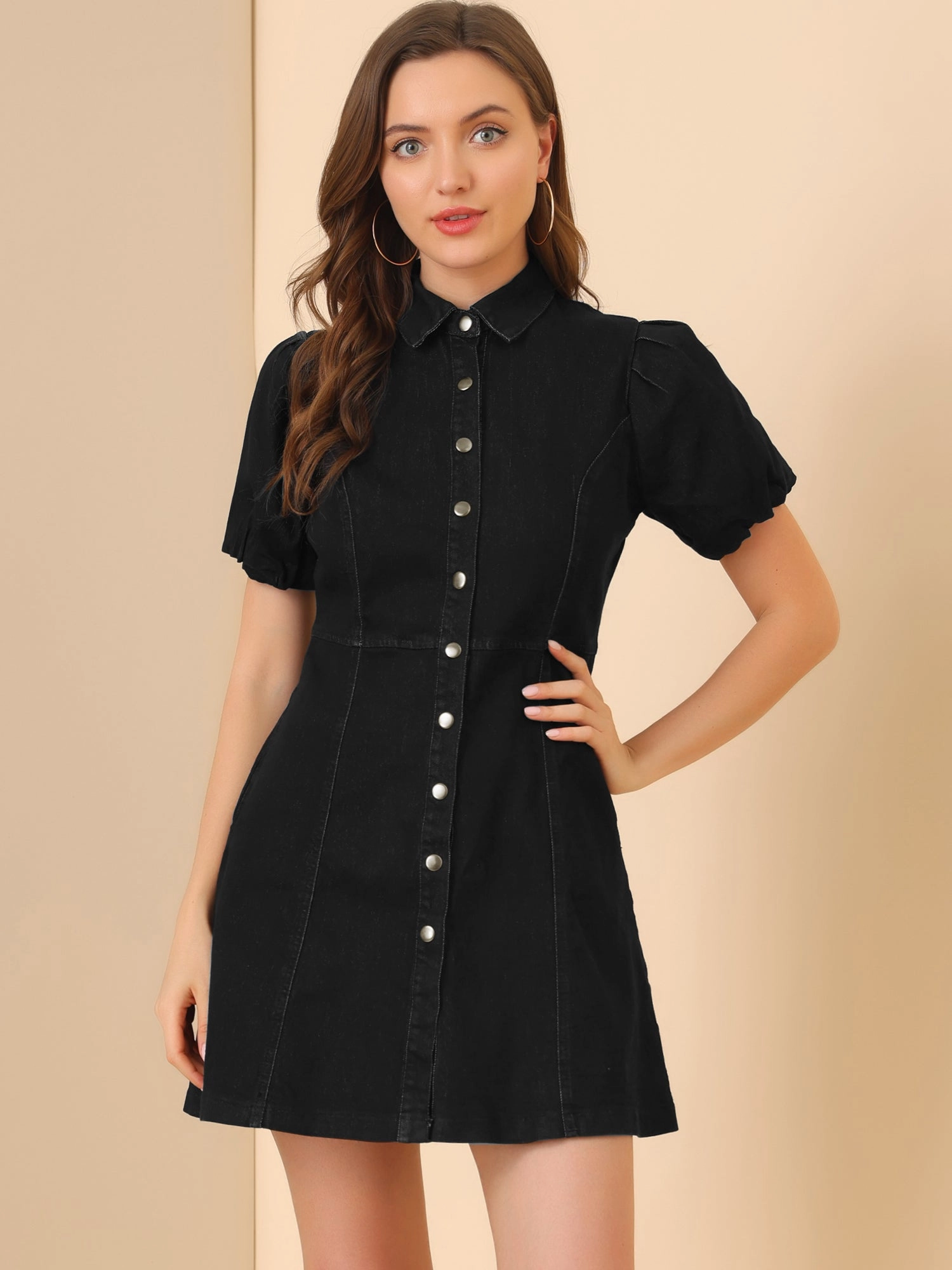 Denim Puff Short Sleeve Collared Button Down Mini Dress