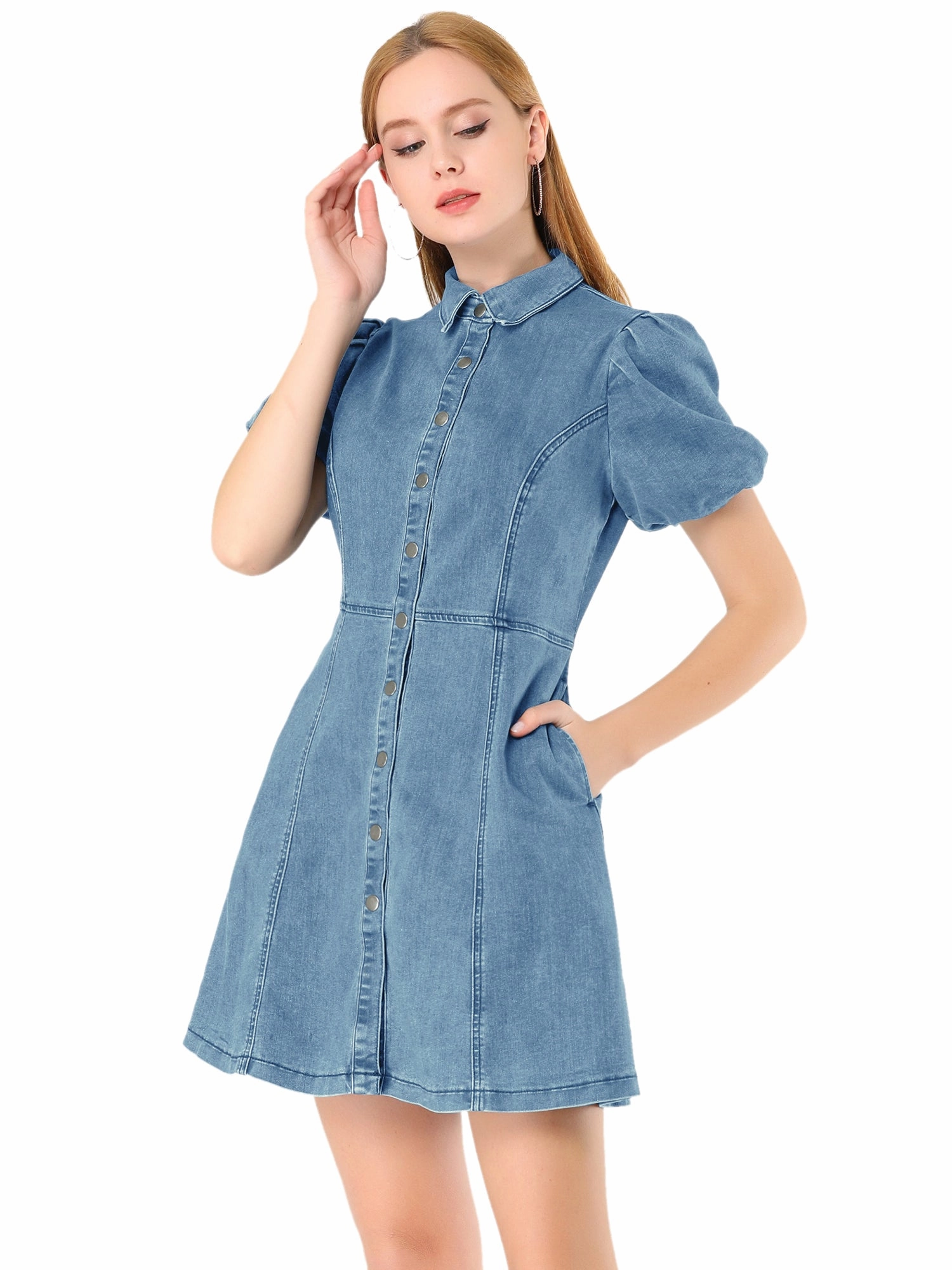 Denim Puff Short Sleeve Collared Button Down Mini Dress