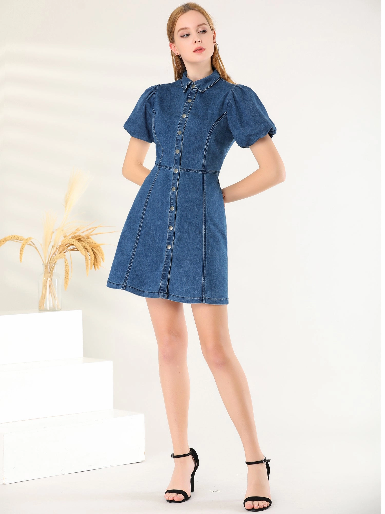 Denim Puff Short Sleeve Collared Button Down Mini Dress