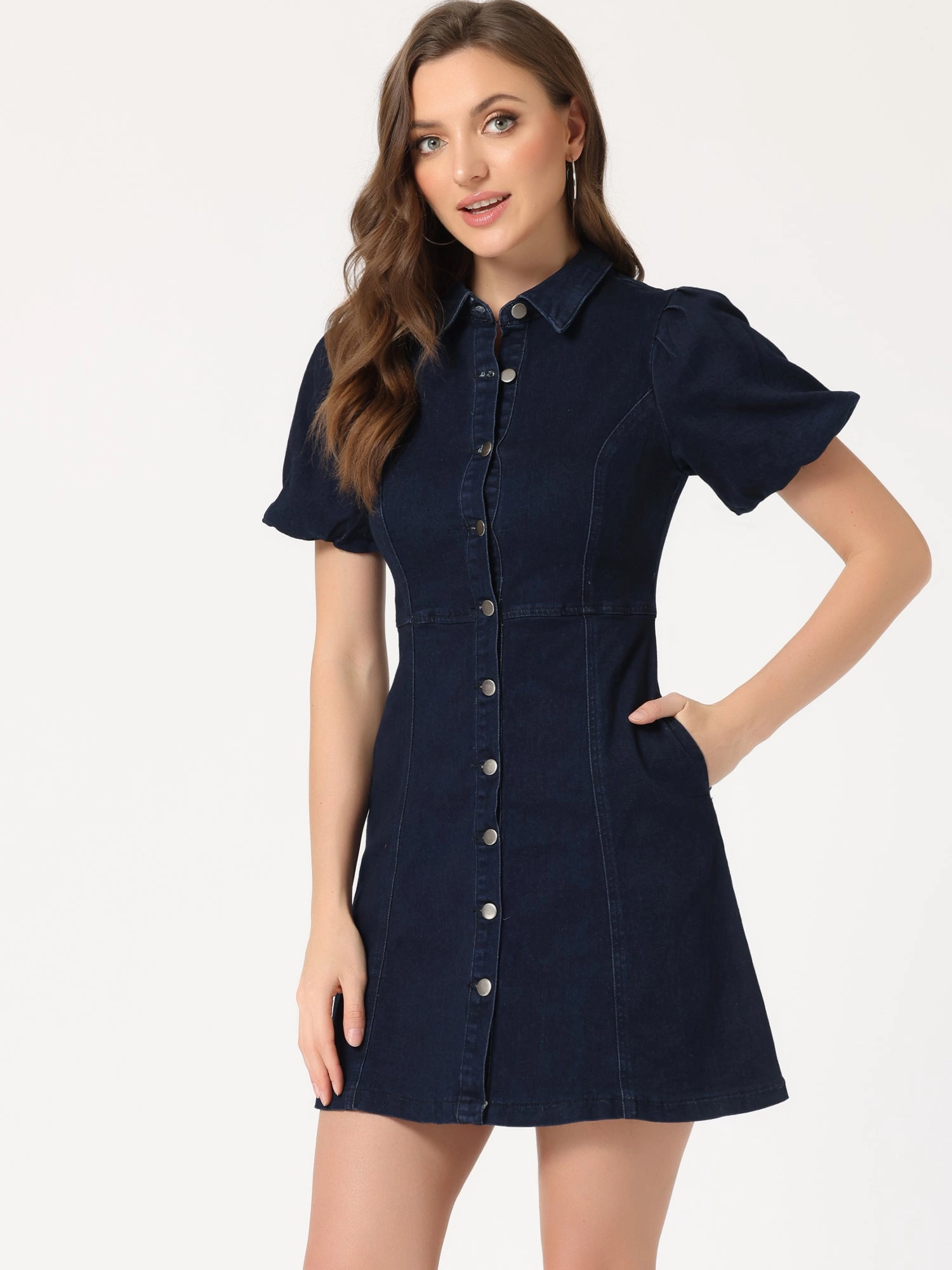 Denim Puff Short Sleeve Collared Button Down Mini Dress