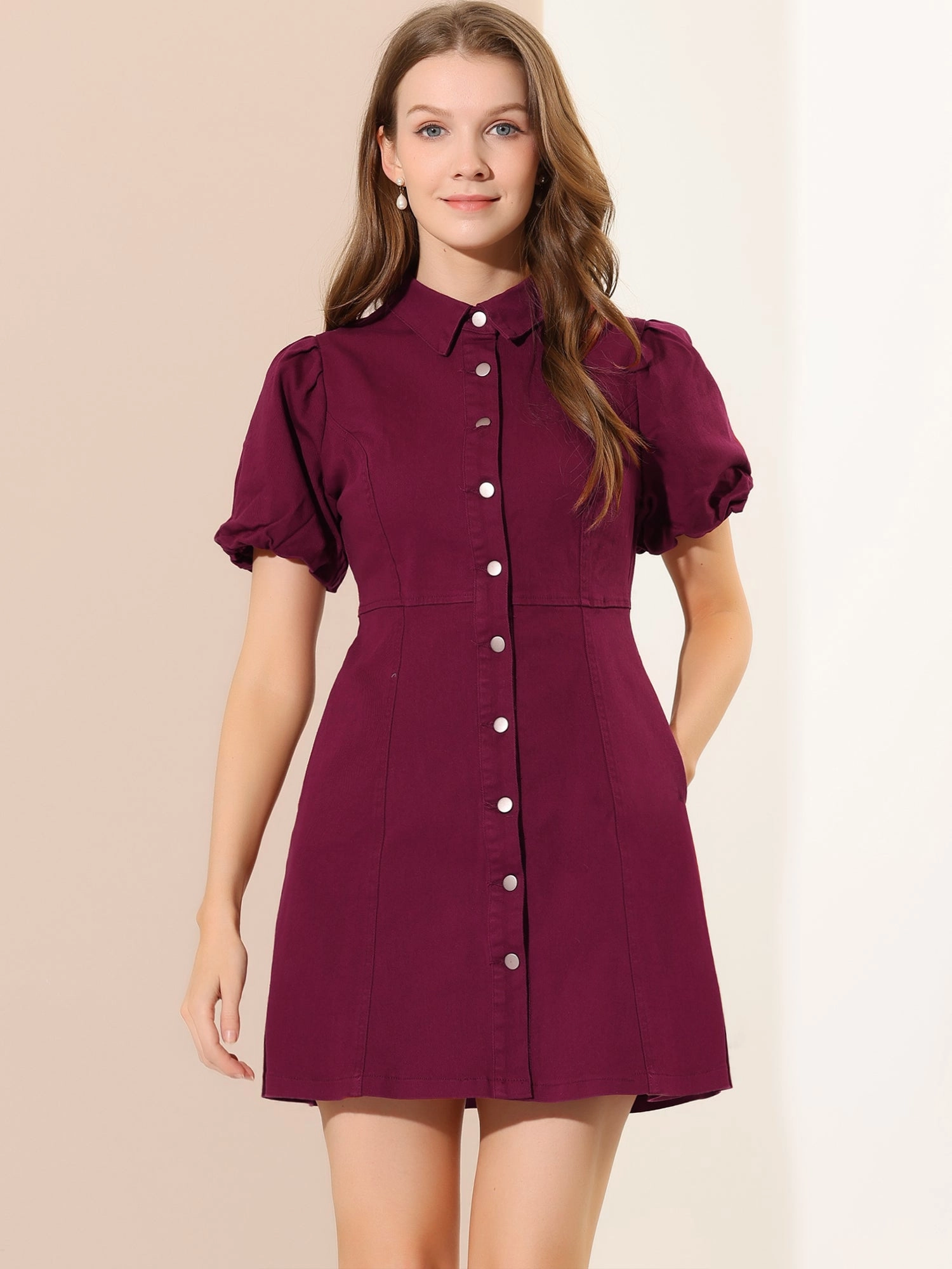 Denim Puff Short Sleeve Collared Button Down Mini Dress