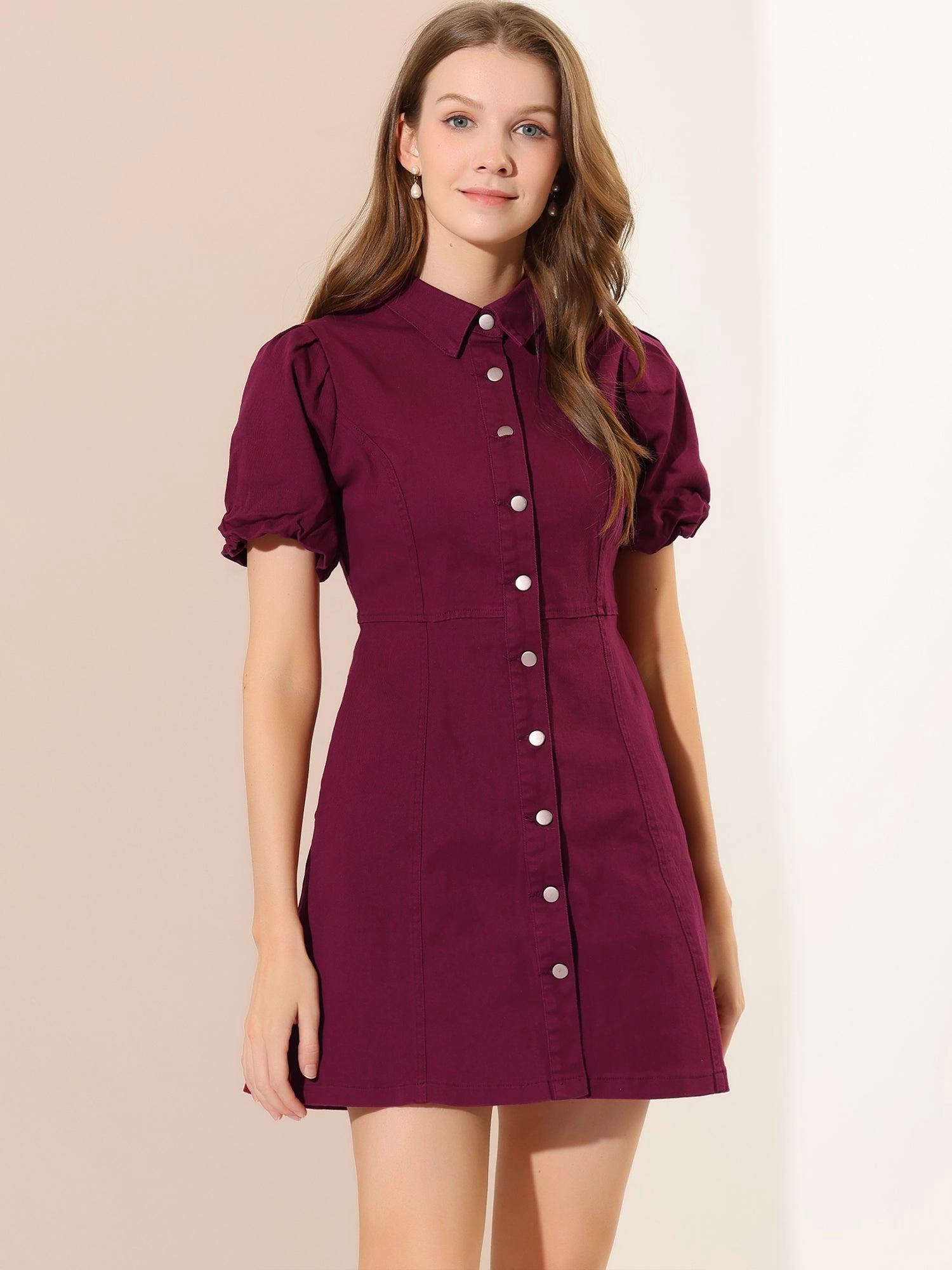Denim Puff Short Sleeve Collared Button Down Mini Dress