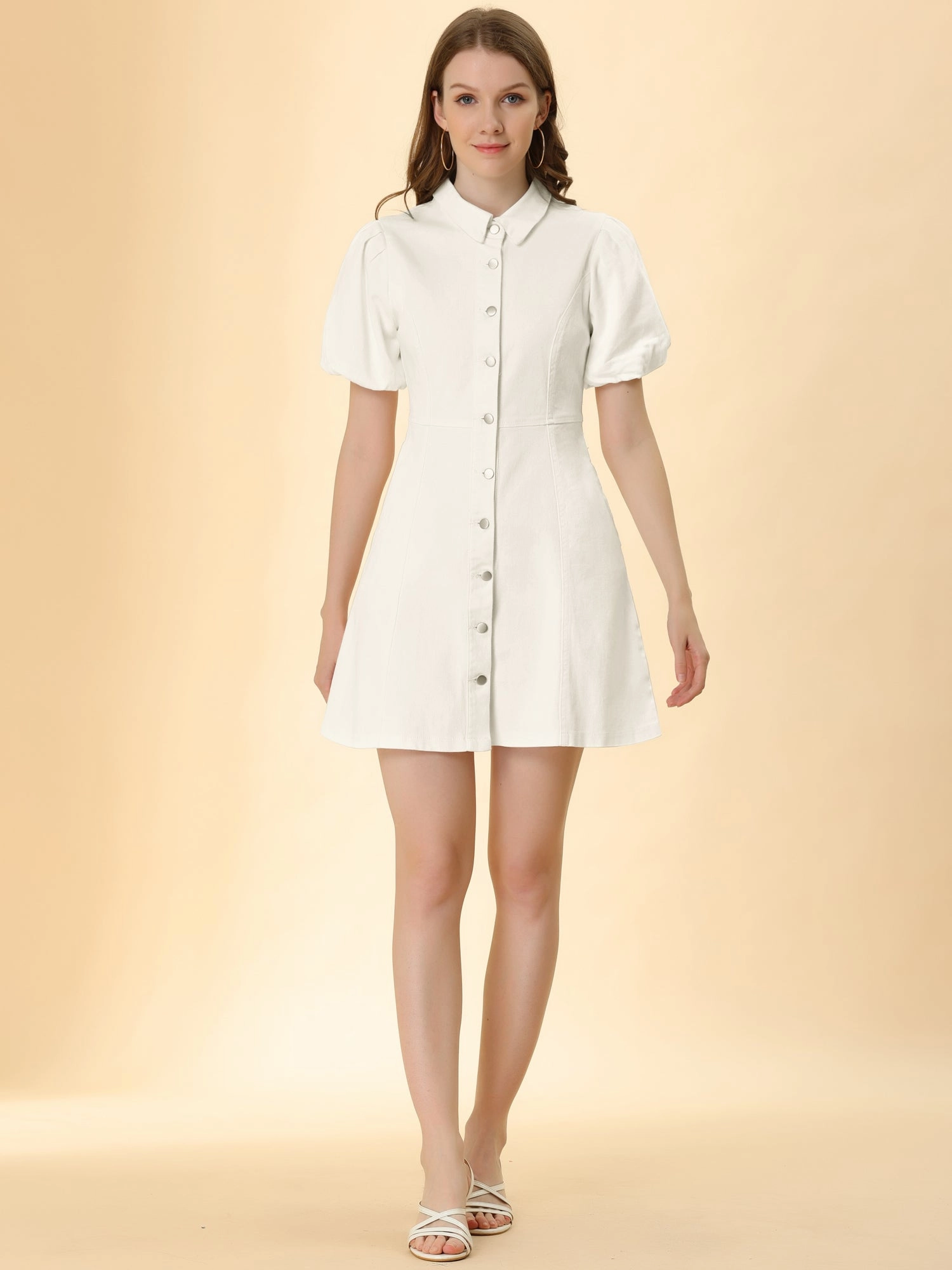 Denim Puff Short Sleeve Collared Button Down Mini Dress