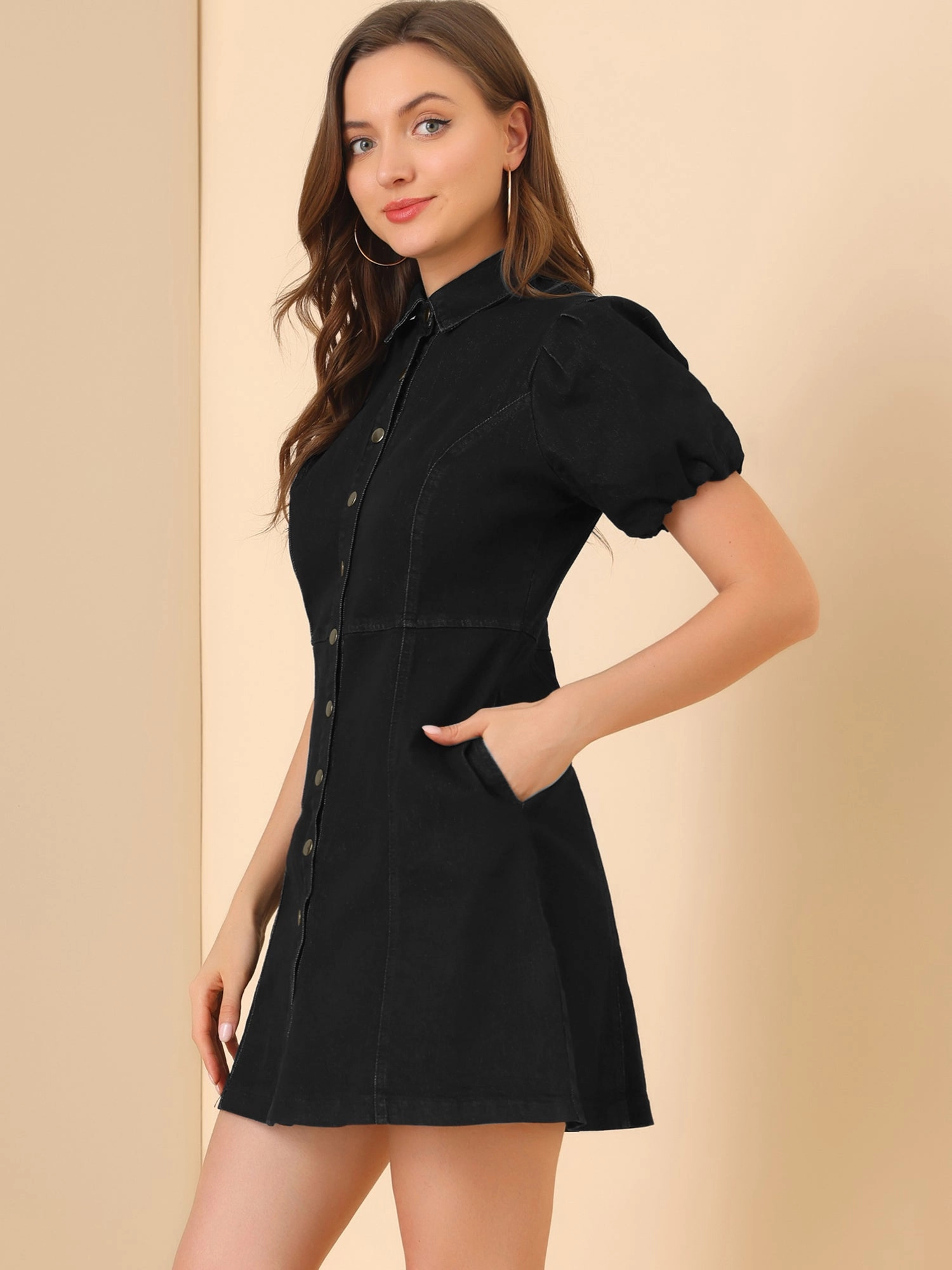 Denim Puff Short Sleeve Collared Button Down Mini Dress