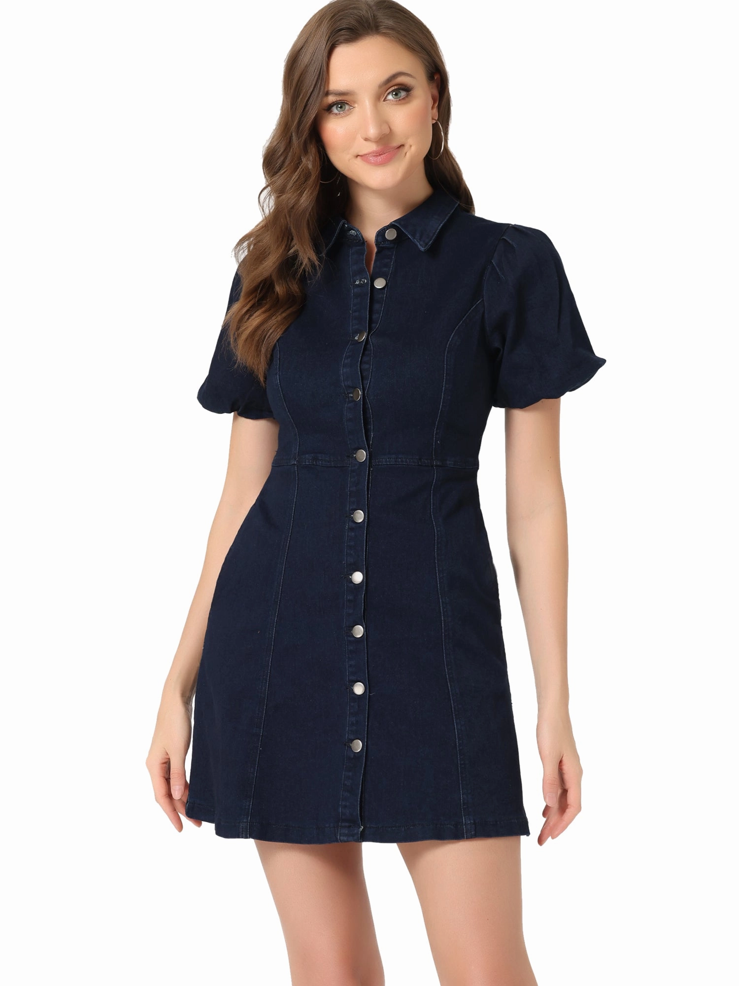 Denim Puff Short Sleeve Collared Button Down Mini Dress