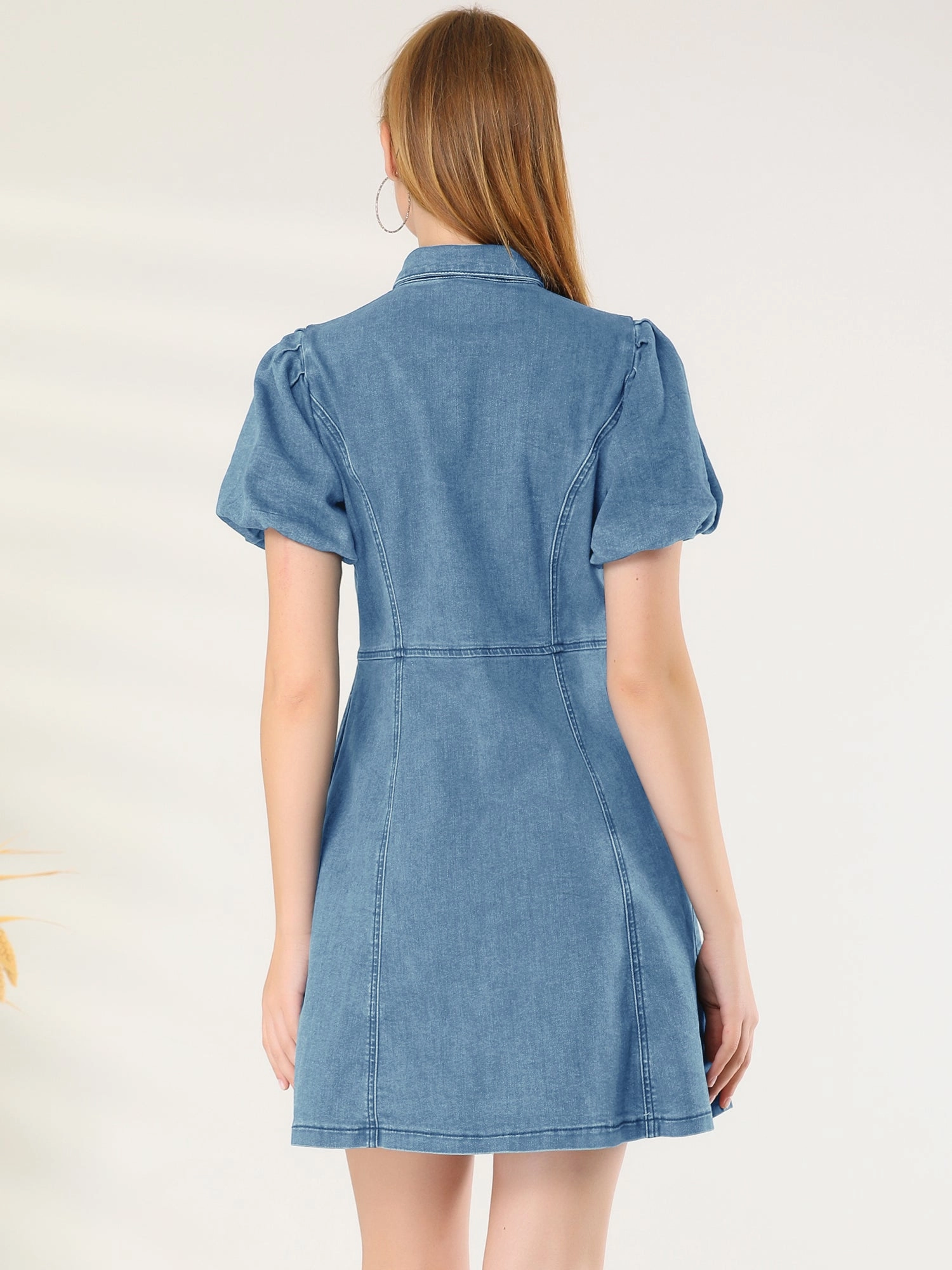 Denim Puff Short Sleeve Collared Button Down Mini Dress