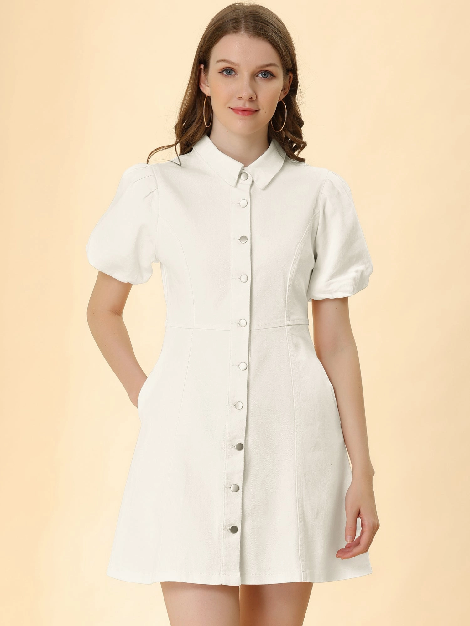 Denim Puff Short Sleeve Collared Button Down Mini Dress