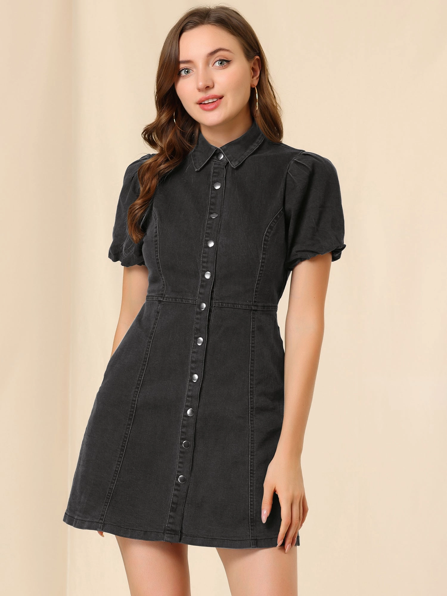 Denim Puff Short Sleeve Collared Button Down Mini Dress