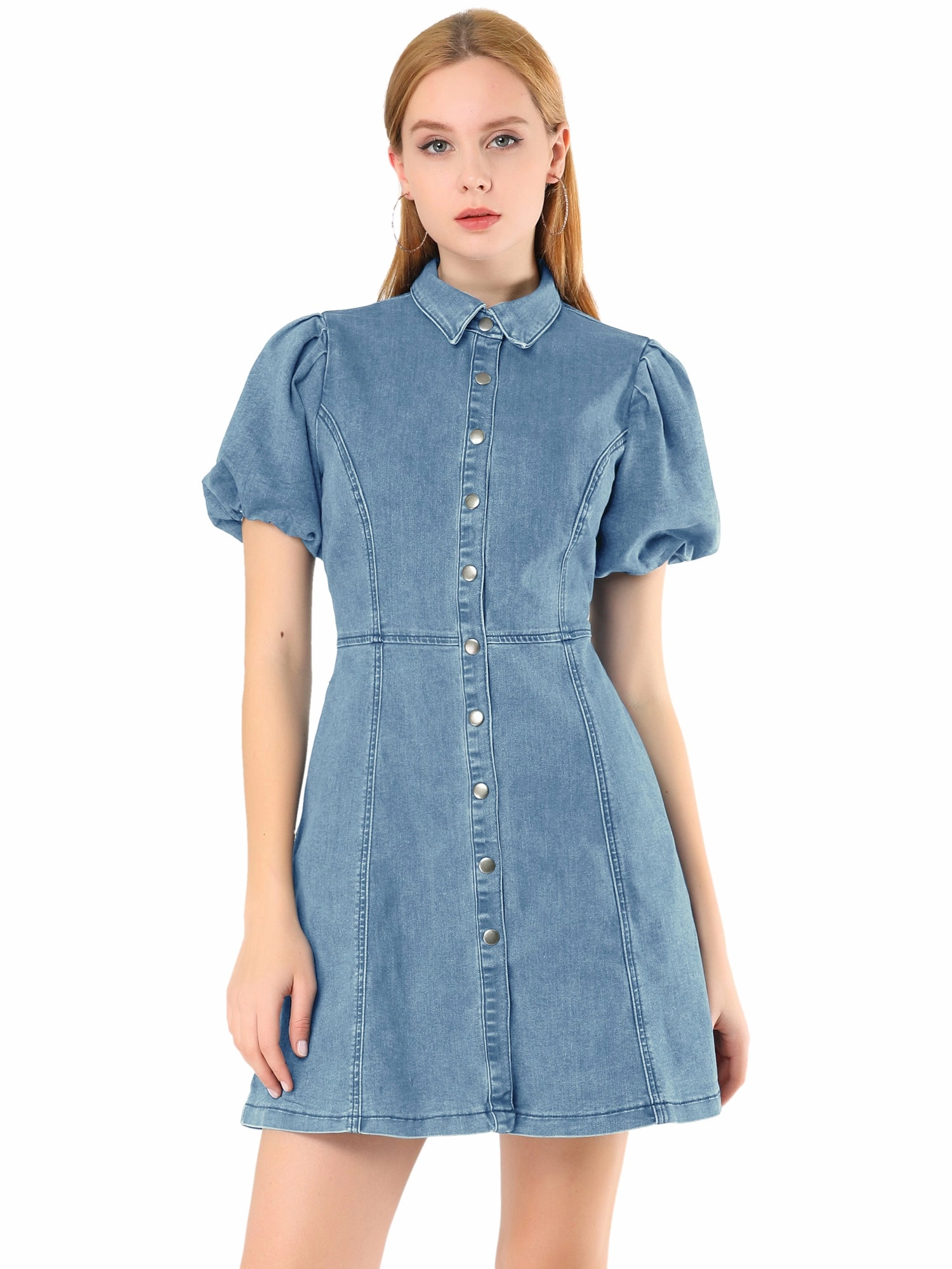 Denim Puff Short Sleeve Collared Button Down Mini Dress