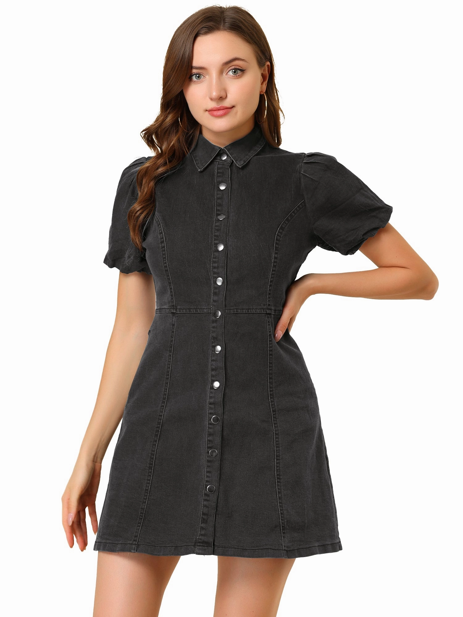 Denim Puff Short Sleeve Collared Button Down Mini Dress