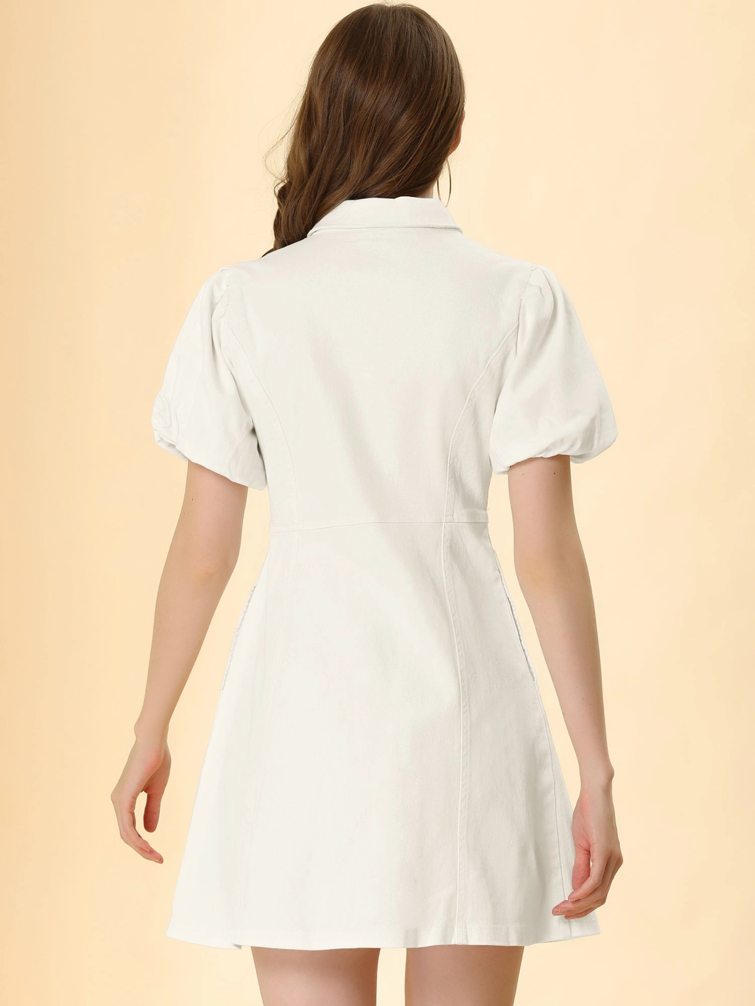 Denim Puff Short Sleeve Collared Button Down Mini Dress