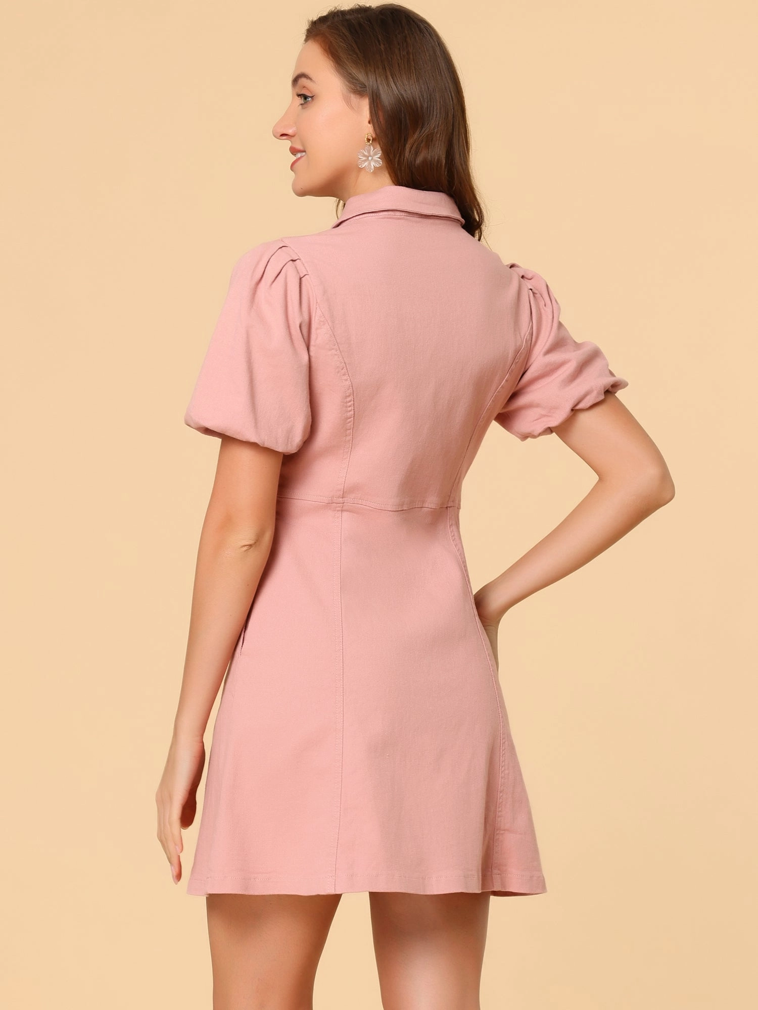 Denim Puff Short Sleeve Collared Button Down Mini Dress